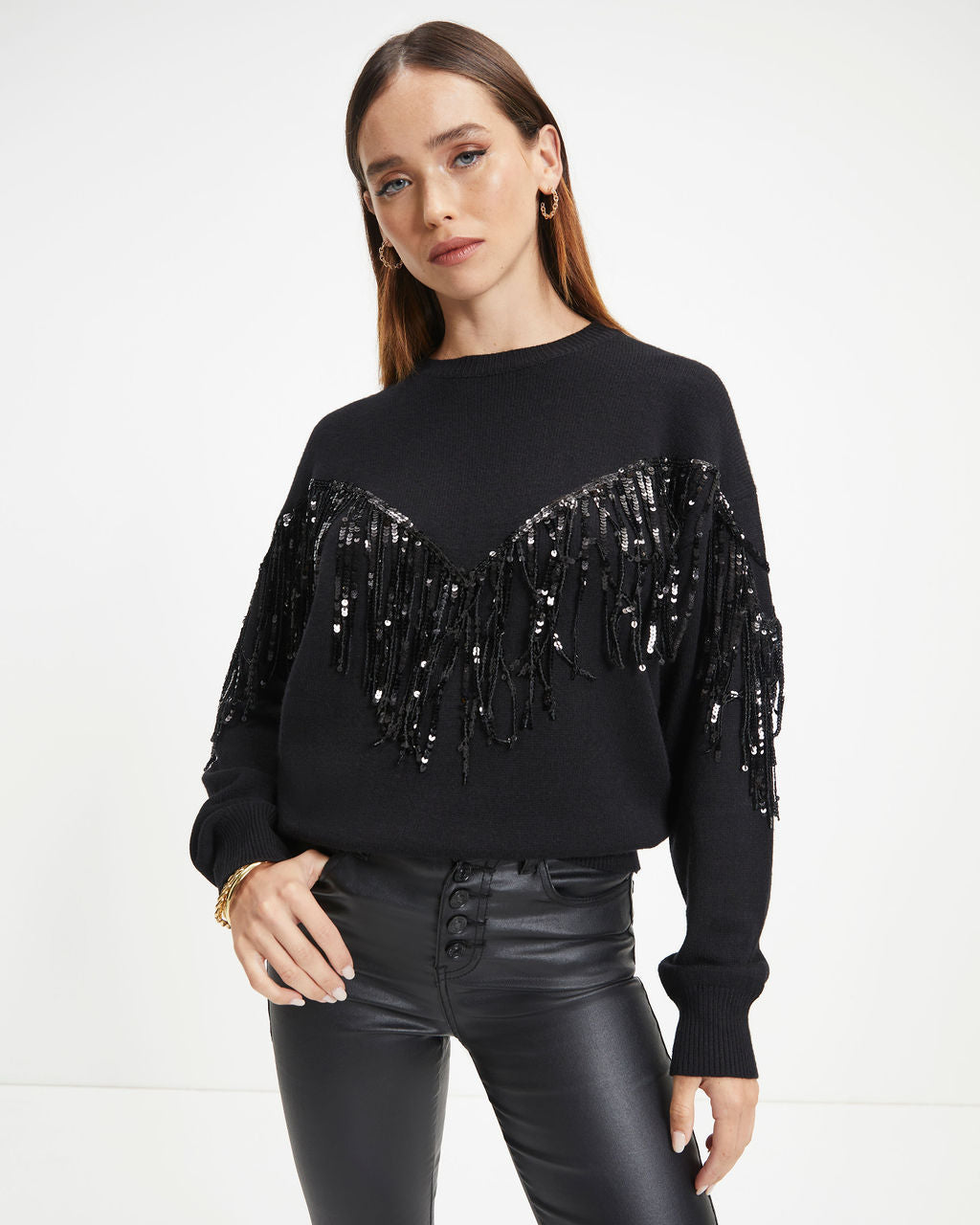 Western Glam Knit Fringe Sequin Pullover Sweater - Black
