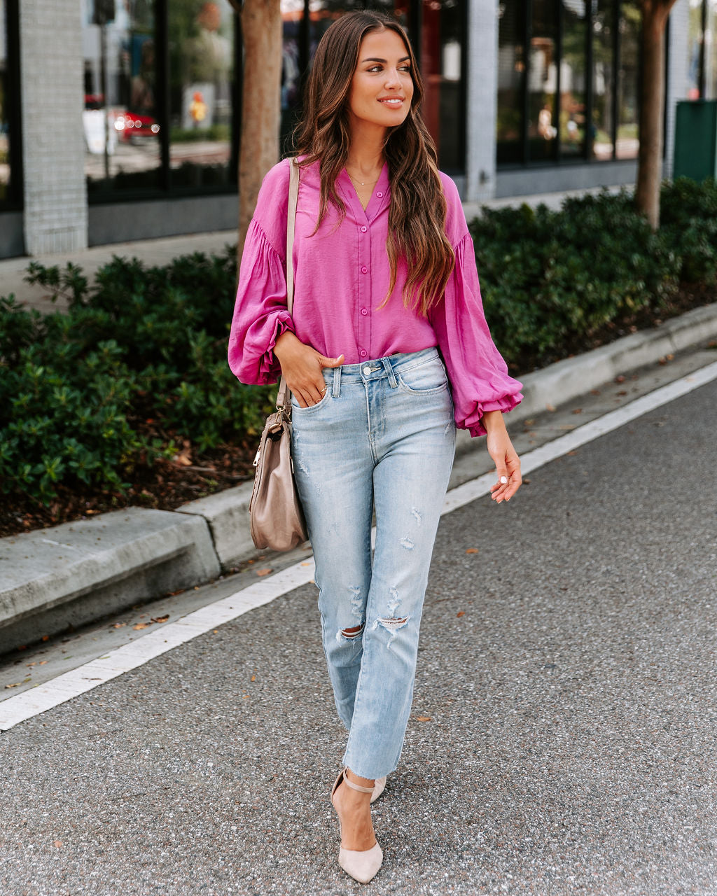 Asher Balloon Sleeve Button Down Top - Magenta - SALE