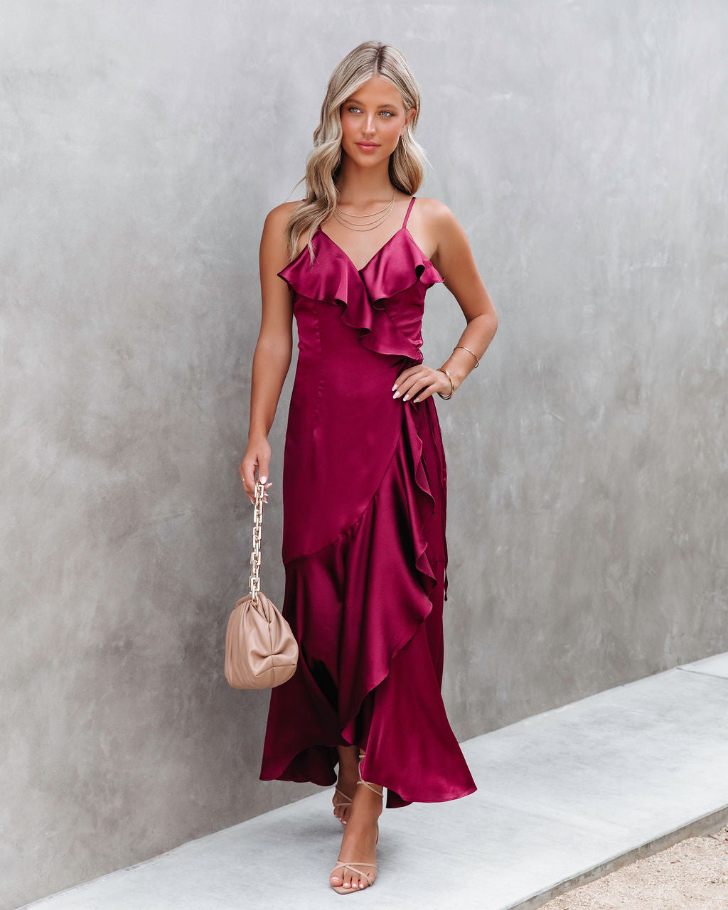 Undeniable Love Satin Ruffle Maxi Dress - Wine