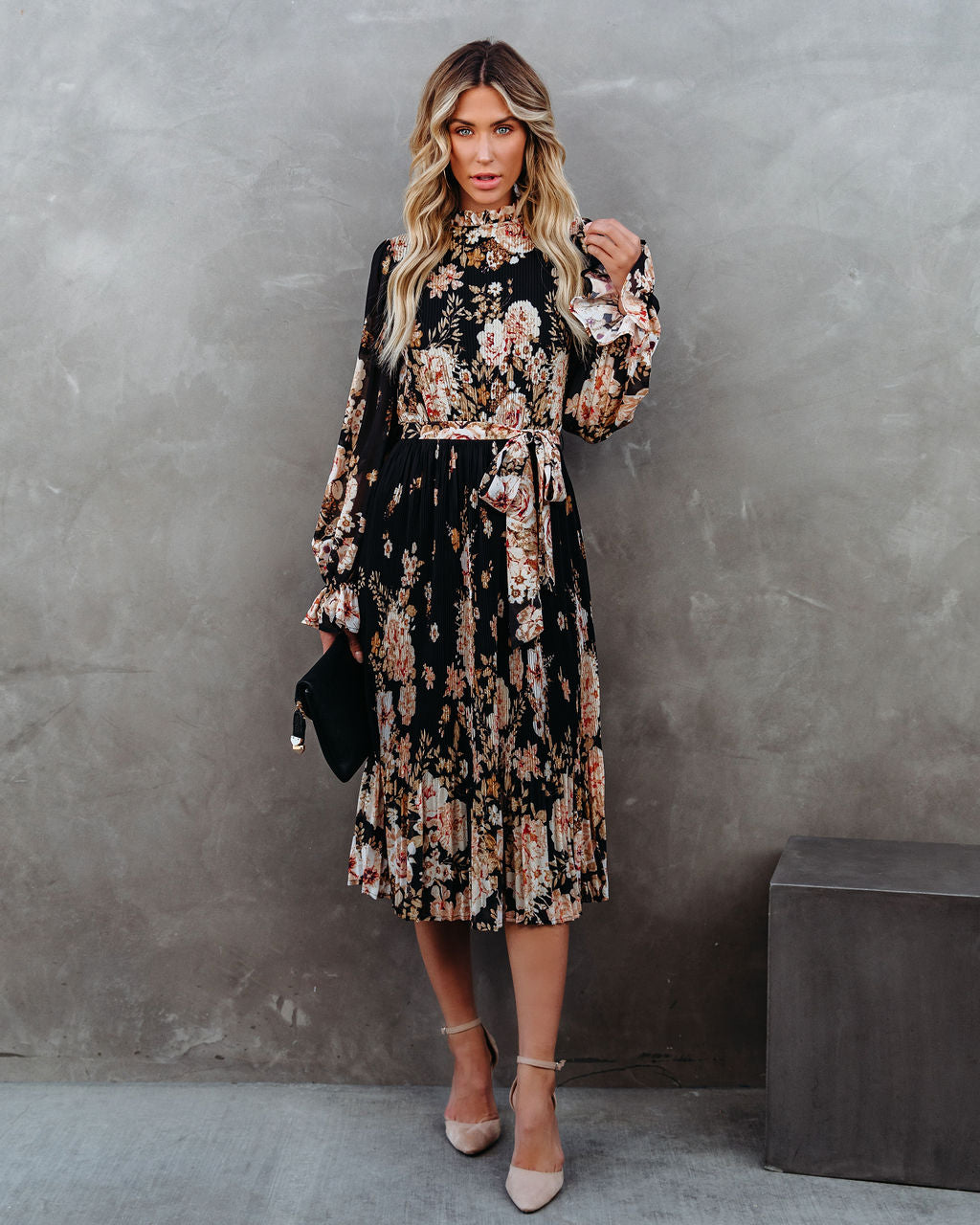 Early Sunset Floral Plisse Midi Dress
