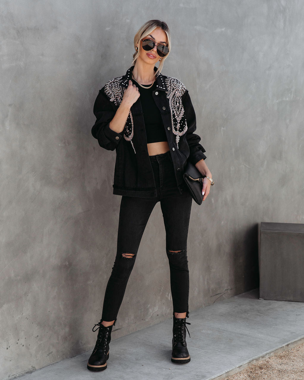 PREORDER - Glam Rodeo Pocketed Studded Embroidered Jacket - Black