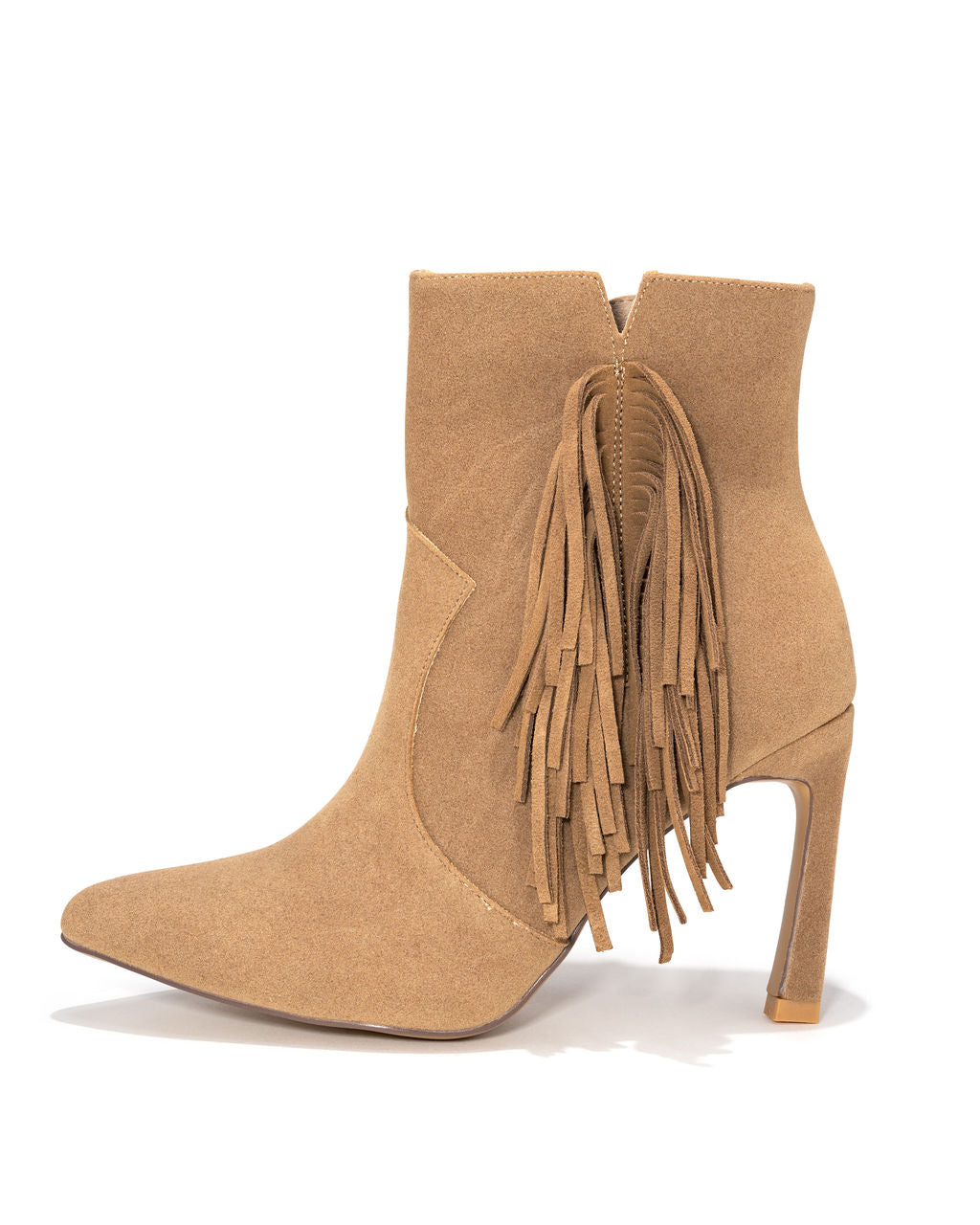 Chrissy Faux Suede Heeled Fringe Bootie - Khaki