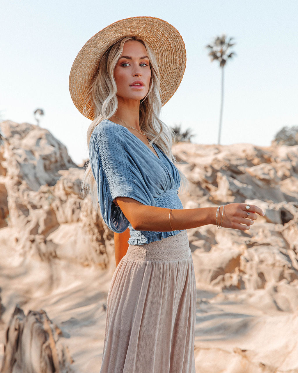 Janette Smocked Woven Crop Top - Stone Blue - FINAL SALE