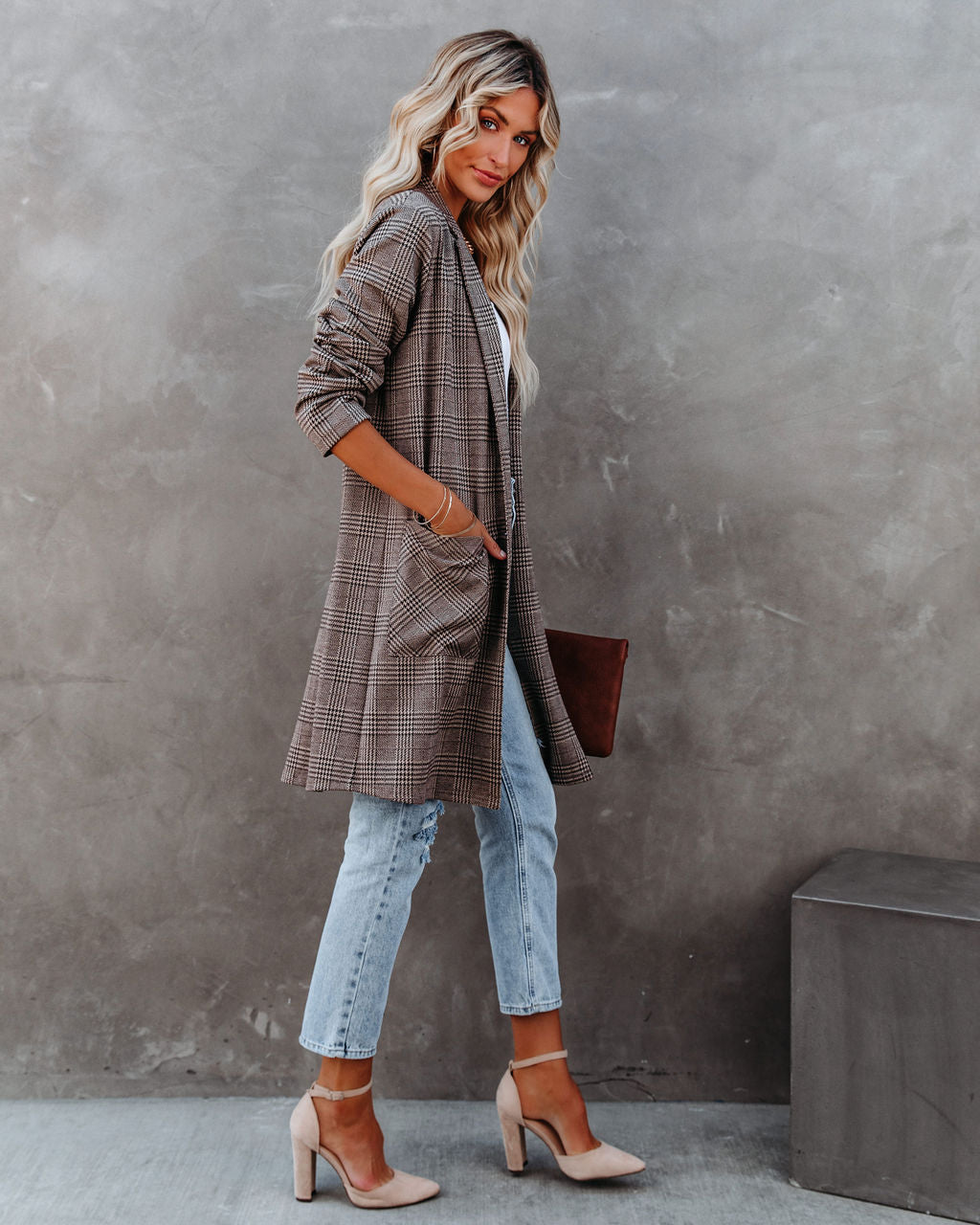 New Jersey Pocketed Plaid Knit Coatigan