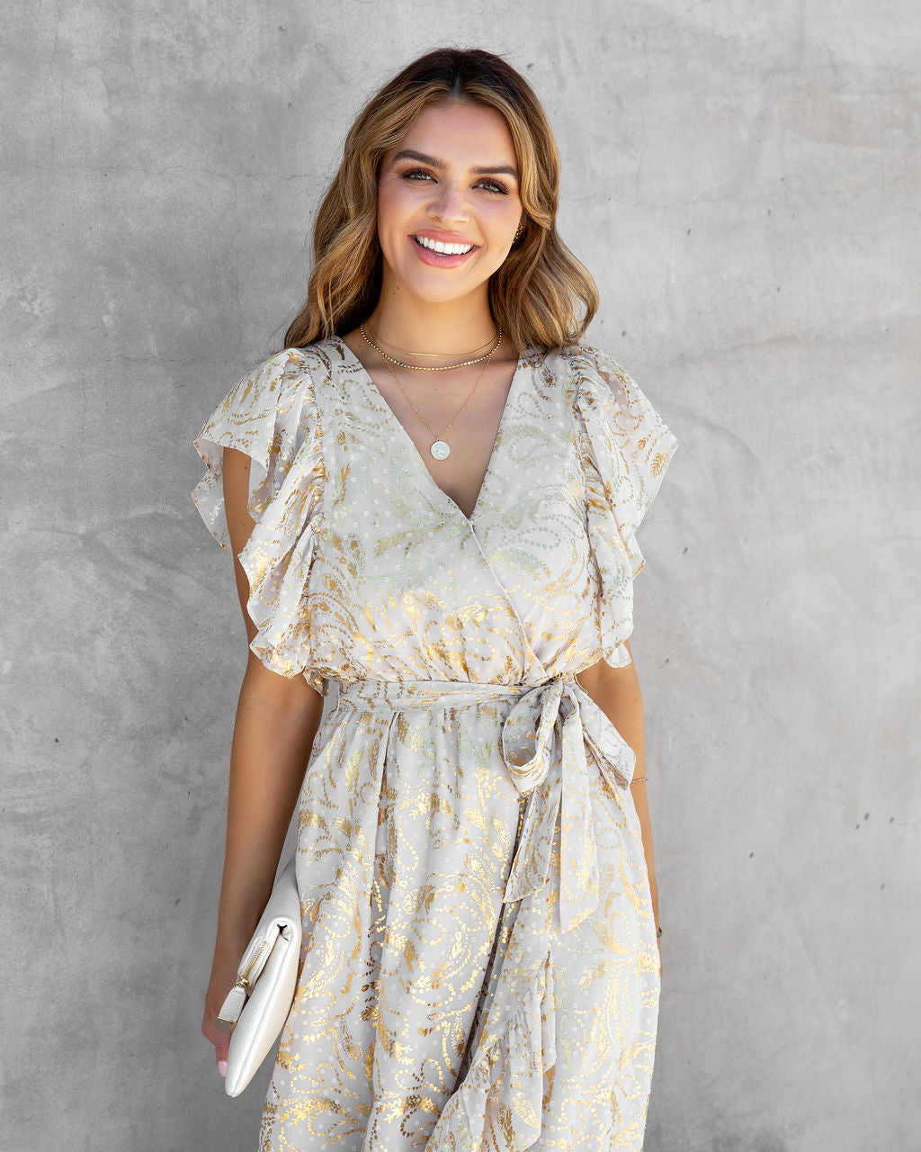 Golden Summer Metallic Ruffle Midi Dress - FINAL SALE