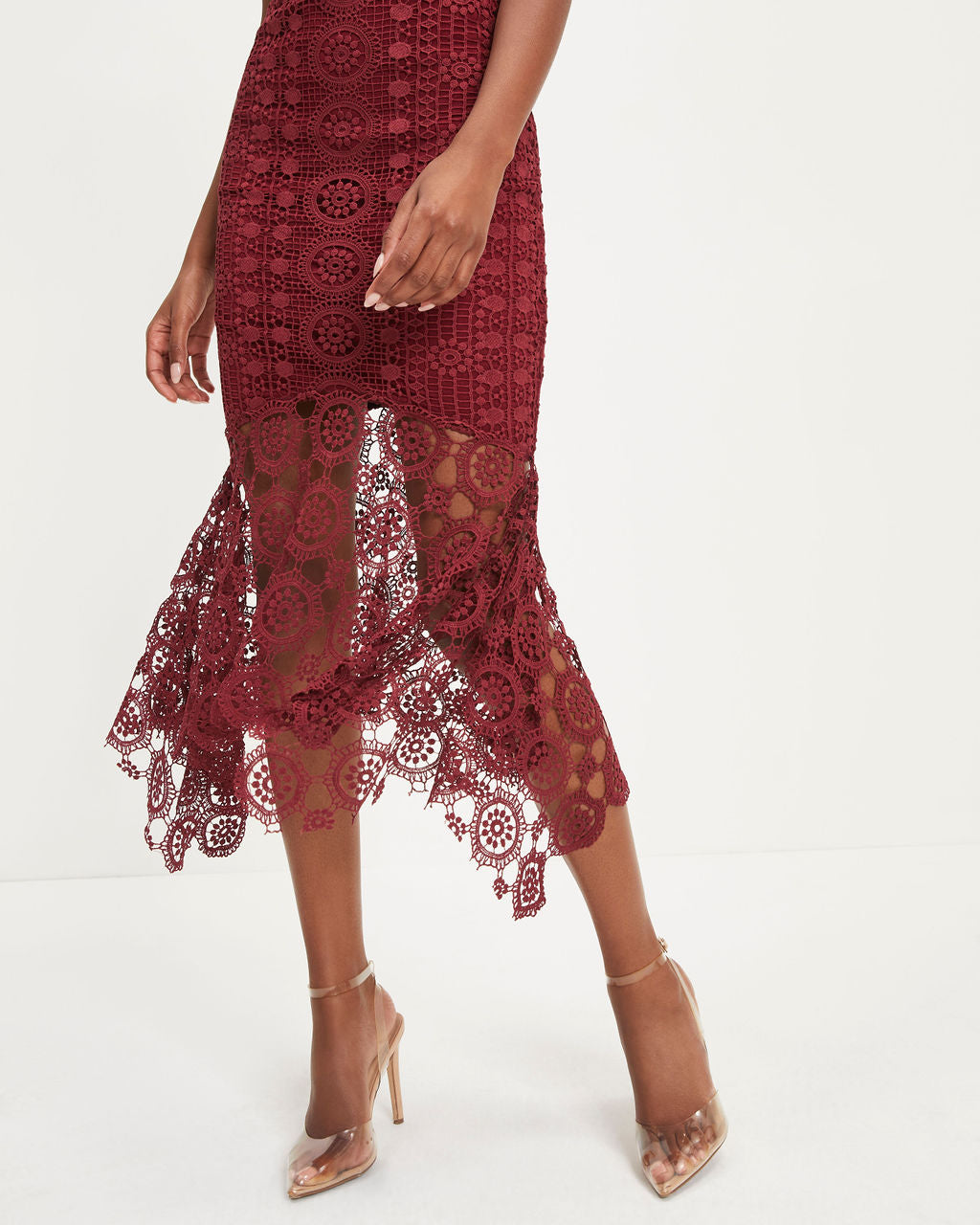Dare To Be You Crochet Lace Ruffle Midi Dress - Wine