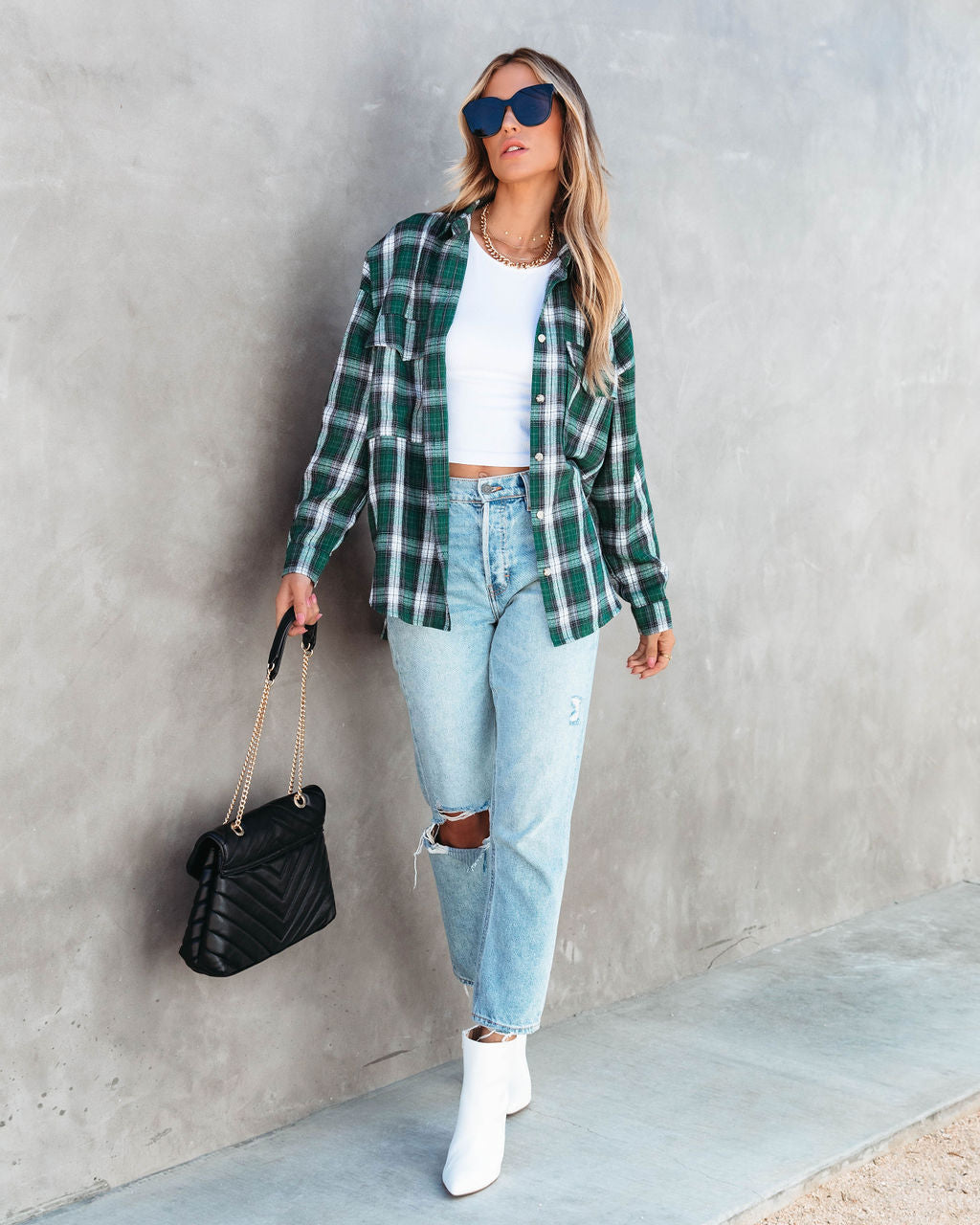 Evergreen Plaid Button Down Top