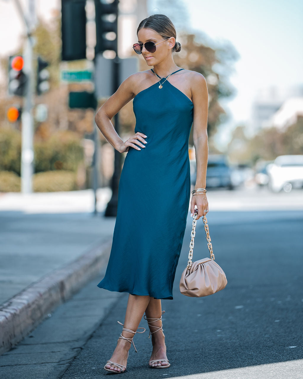 Luisa Satin Halter Midi Dress - Teal - FINAL SALE