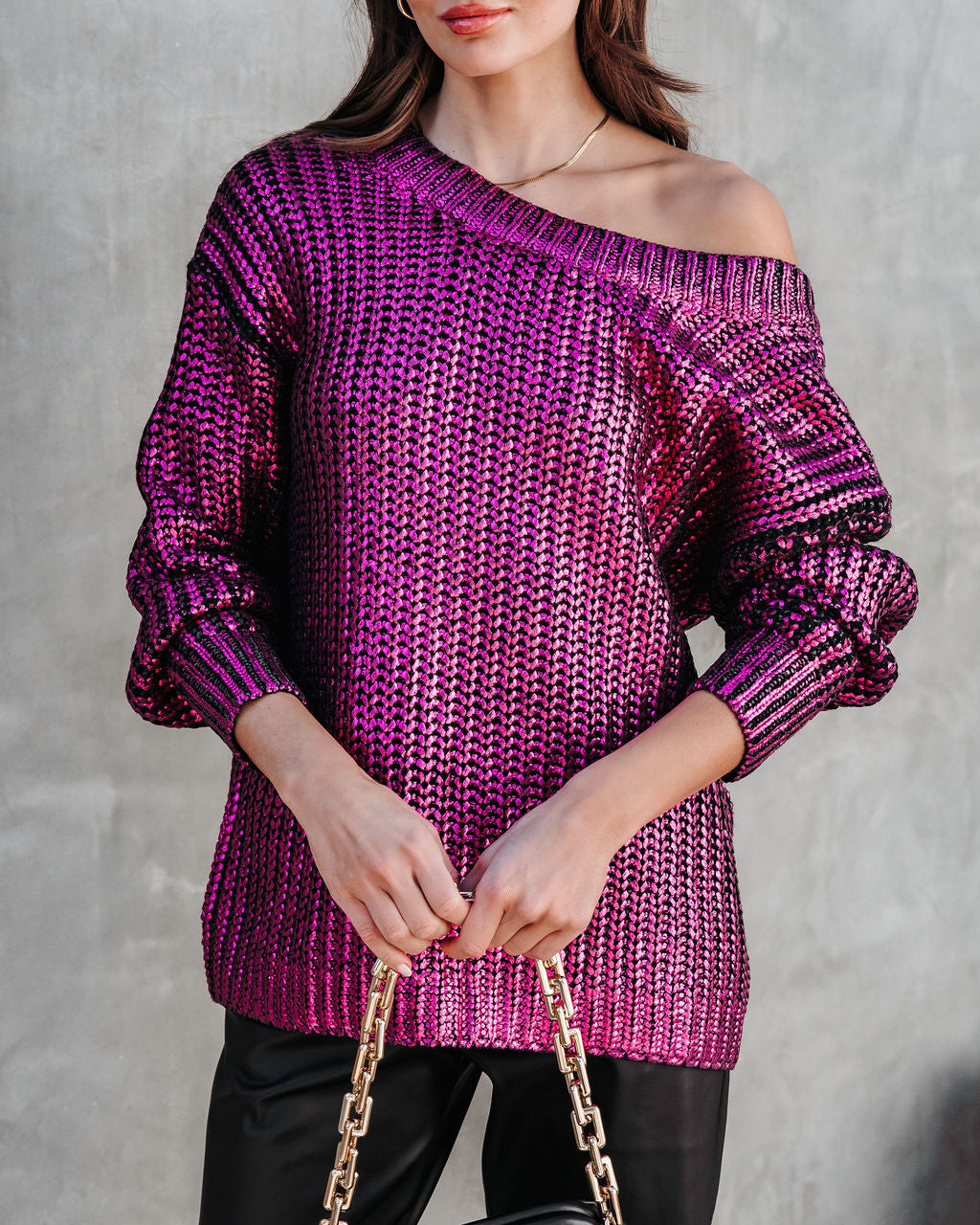Delightful Cheer Metallic Knit Pullover Sweater - Hot Pink