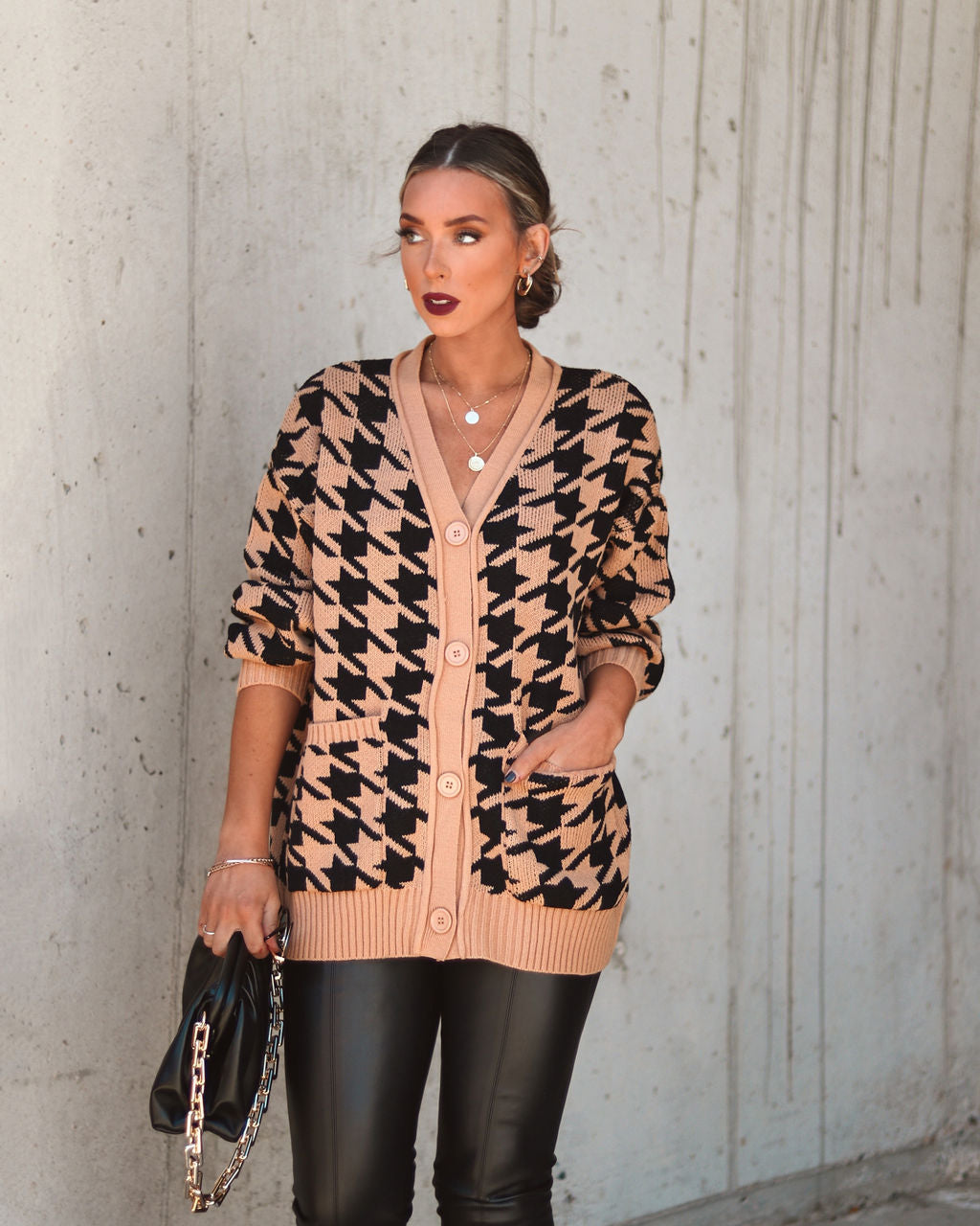Parisian City Dreams Pocketed Houndstooth Cardigan
