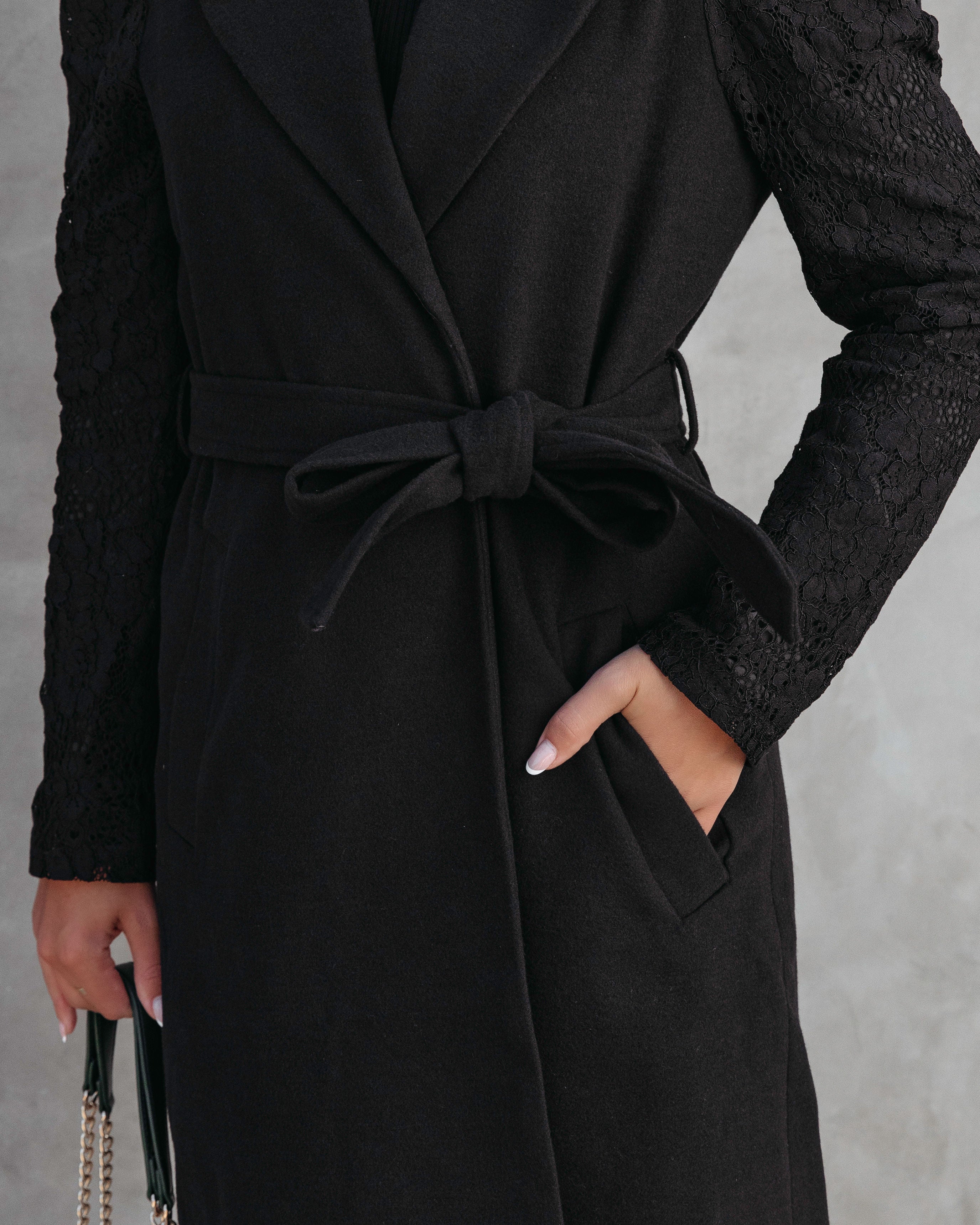 Eileen Pocketed Lace Sleeve Coat - Black
