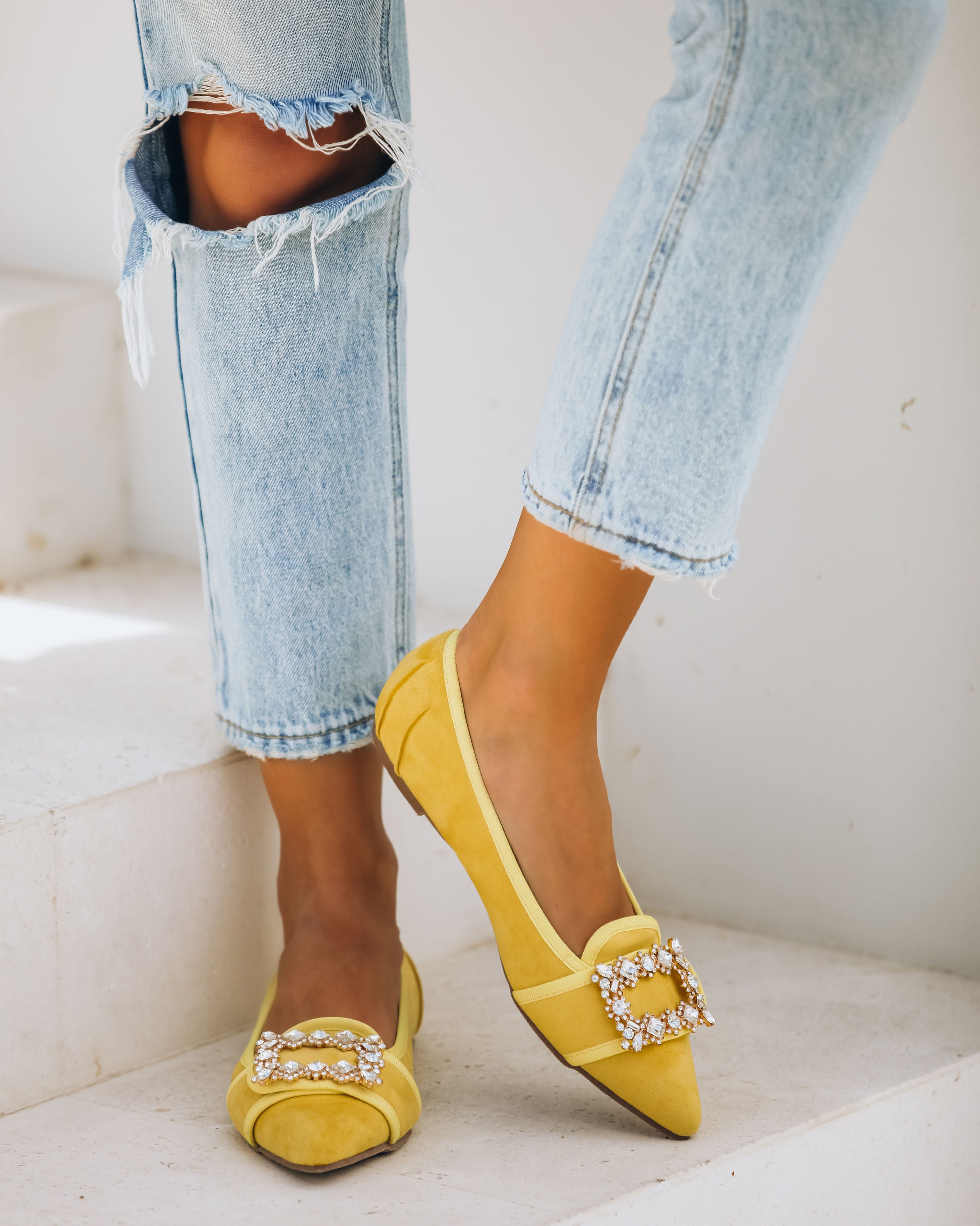 Vanderpump Embellished Faux Suede Flats - Yellow