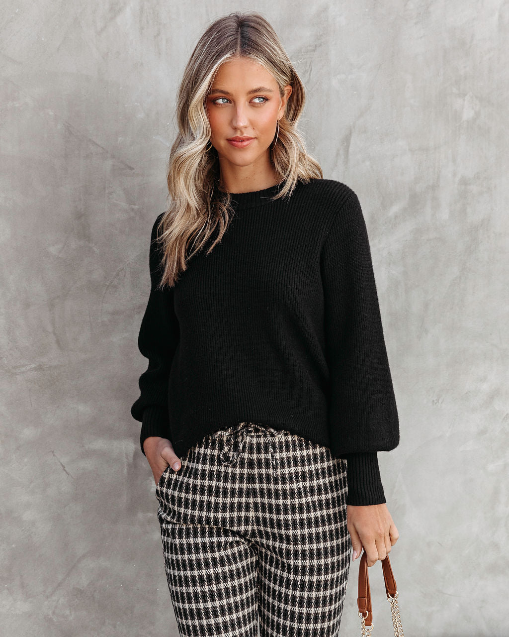 Baby It's You Knit Balloon Sleeve Pullover Sweater - Black