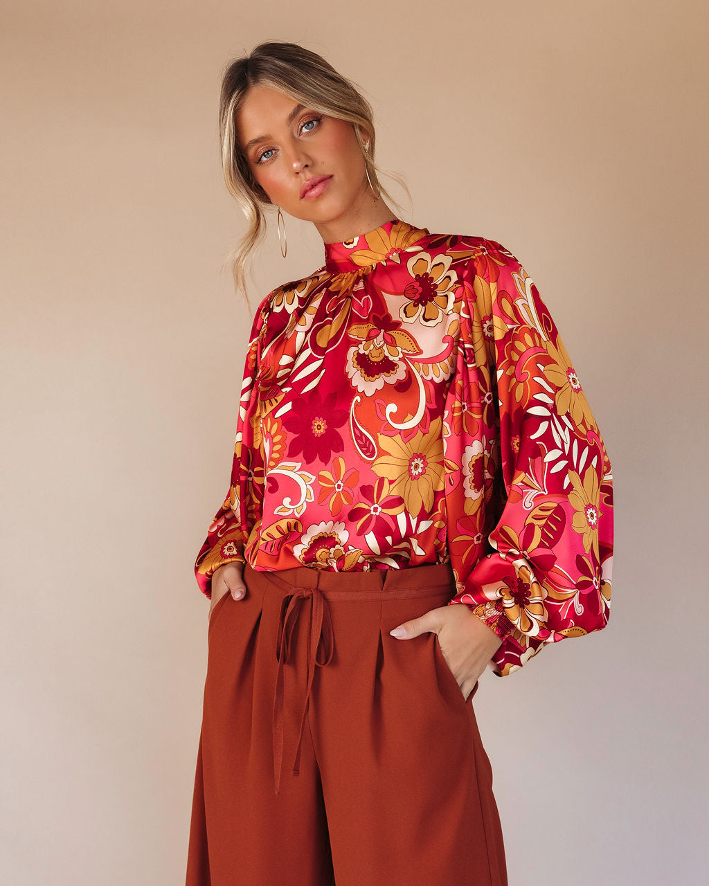 Dylann Satin Floral Balloon Sleeve Top
