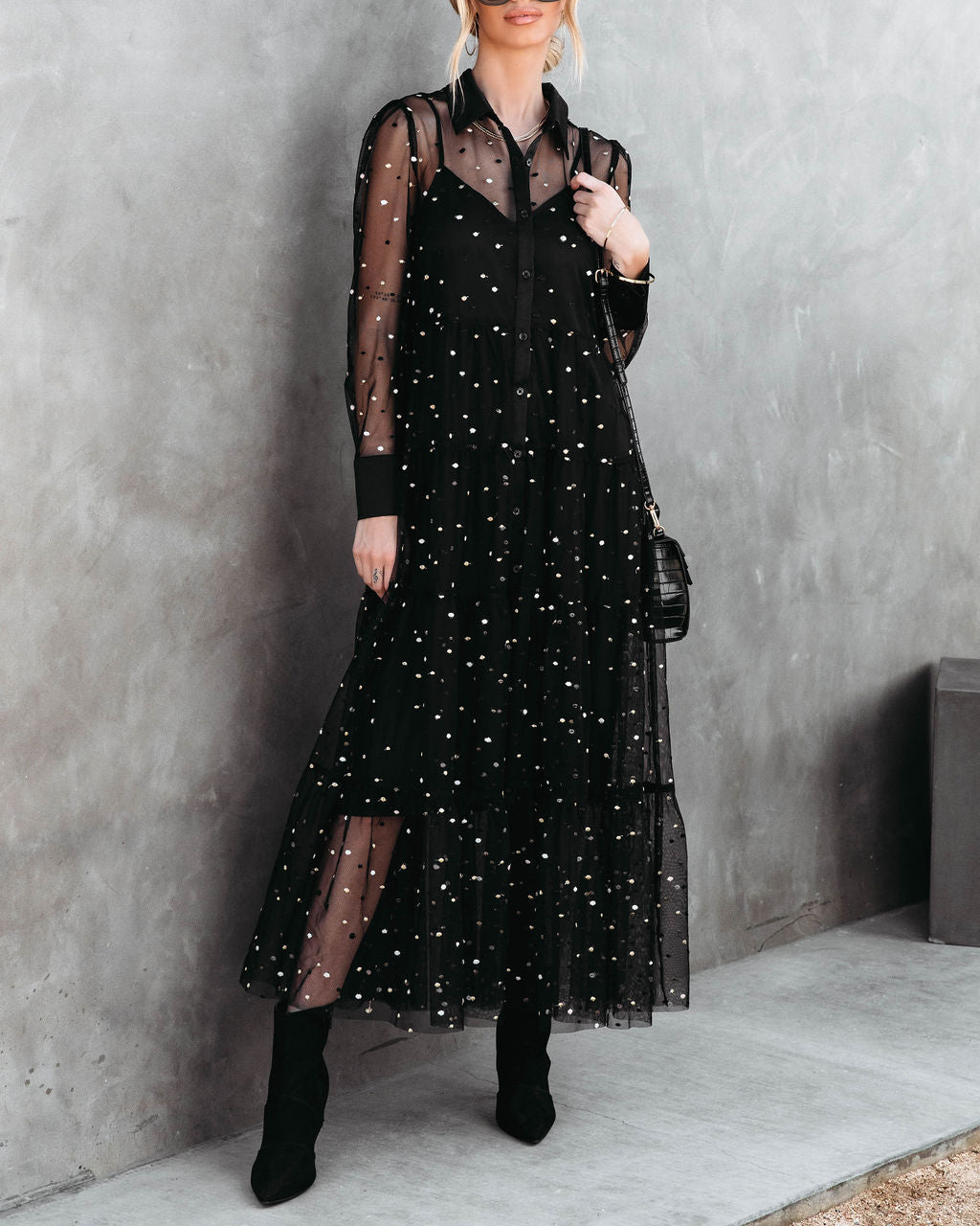 Joaquin Embroidered Mesh Tiered Maxi Dress - Black