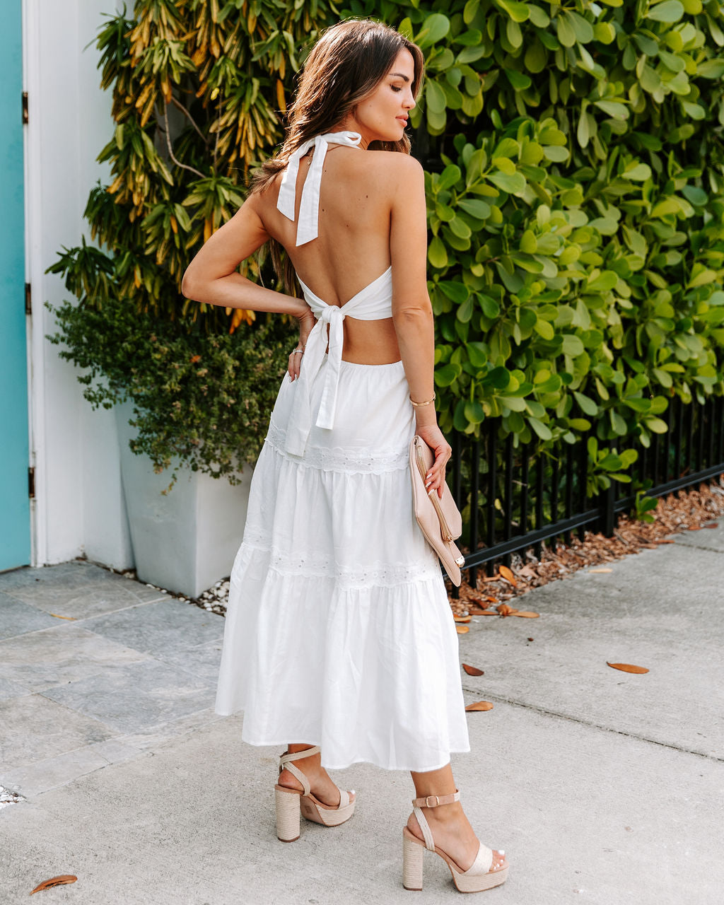 Falisha Cotton Linen Crochet Halter Midi Dress - Off White - FINAL SALE