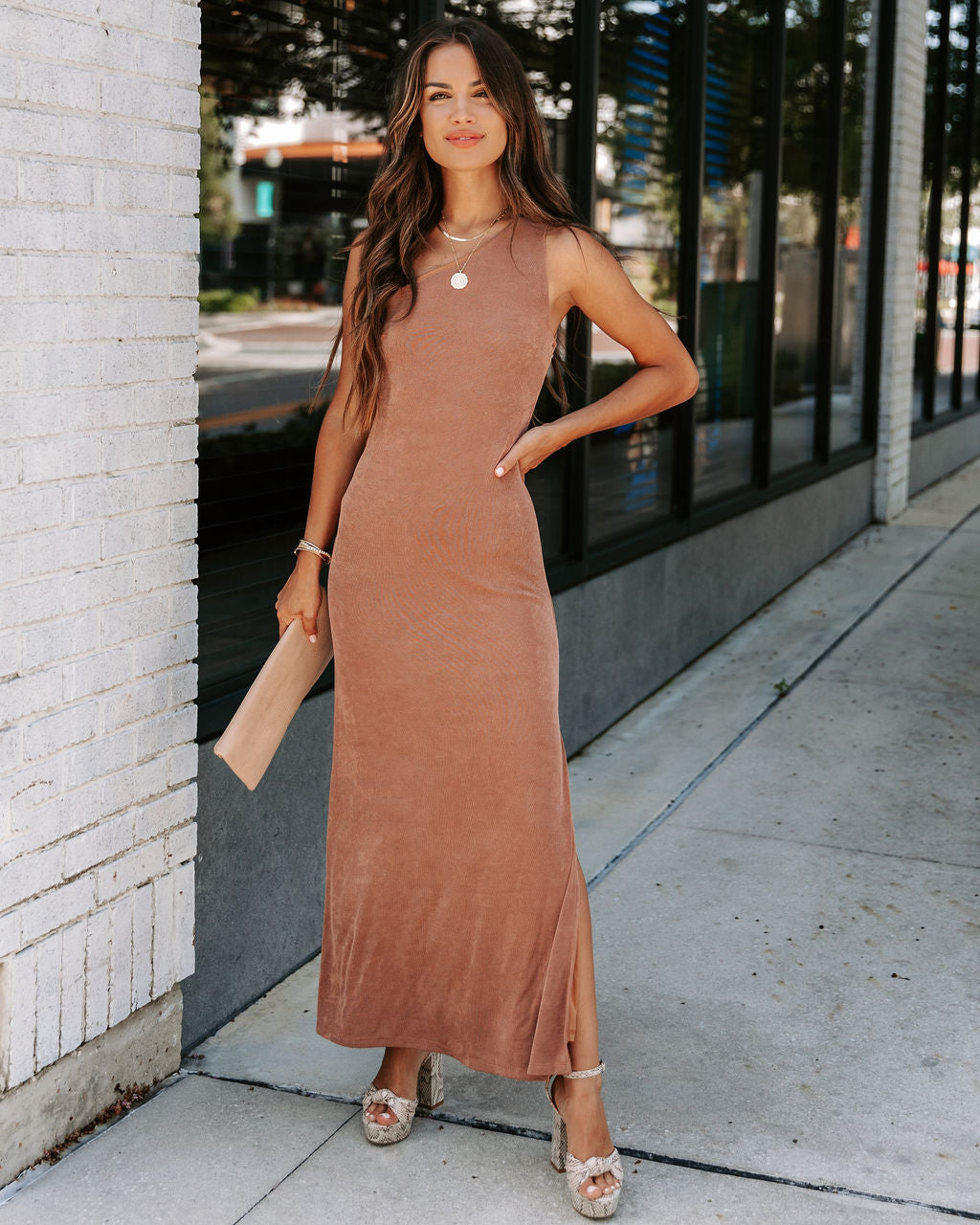She Is Sensational One Shoulder Midi Dress - Mocha