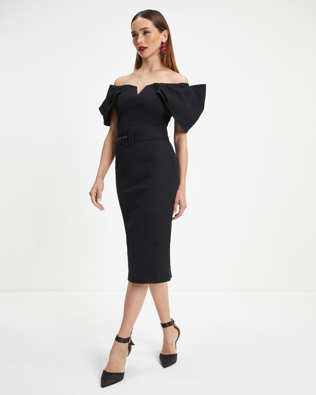 Rafaella Off The Shoulder Belted Midi Dress - Black