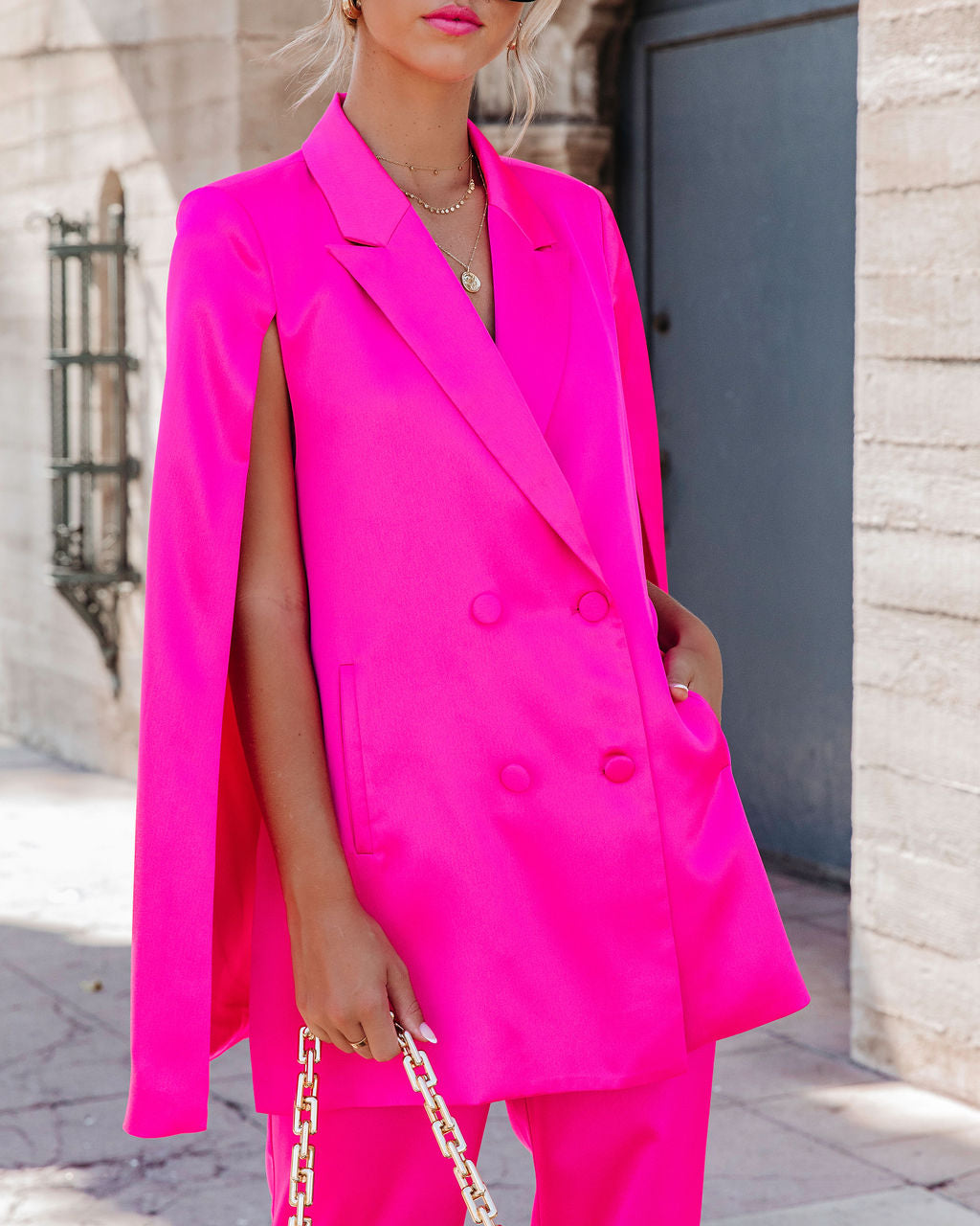 Statement Maker Satin Cape Pocketed Blazer - Hot Pink