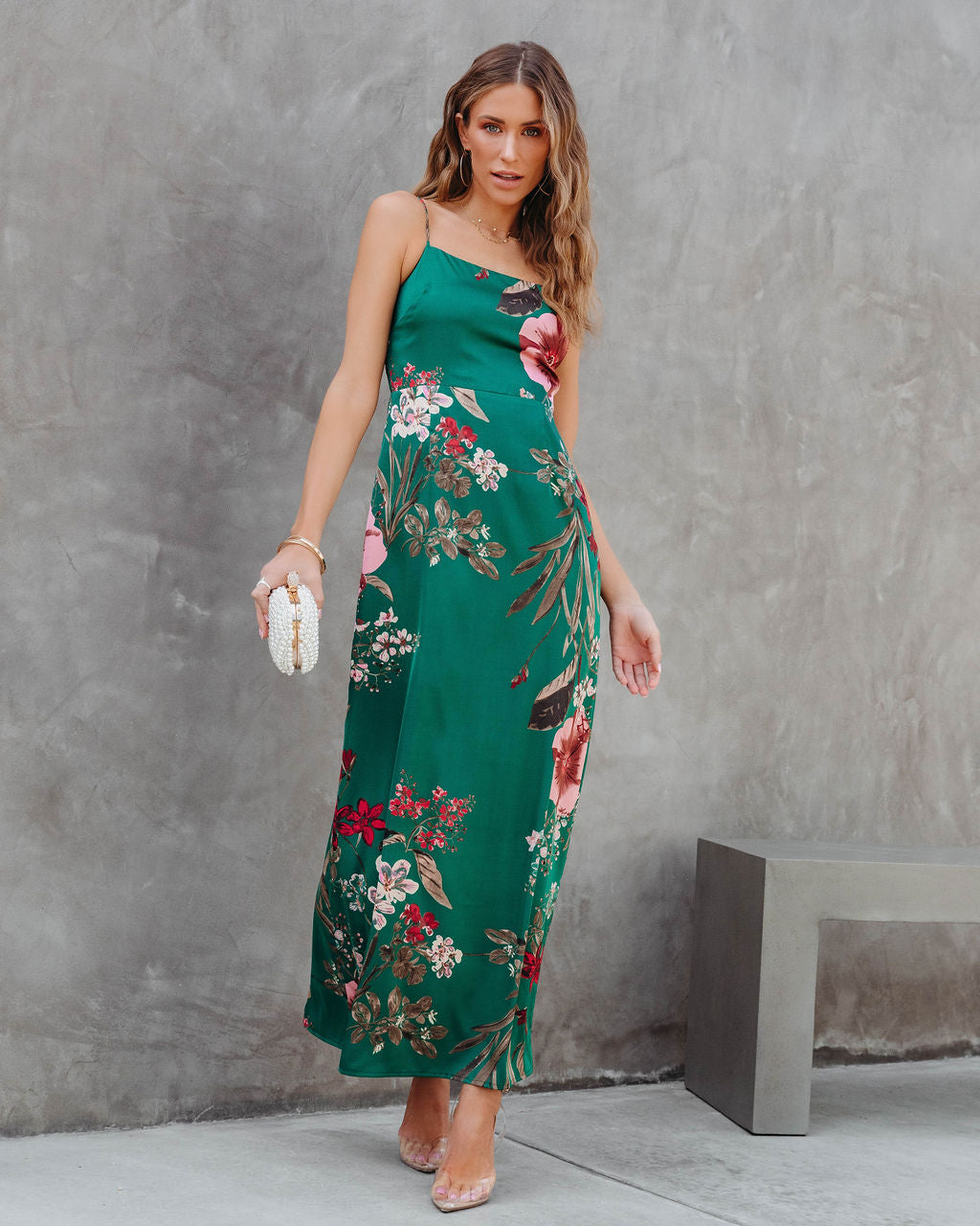 Ramona Satin Floral Maxi Dress - Green