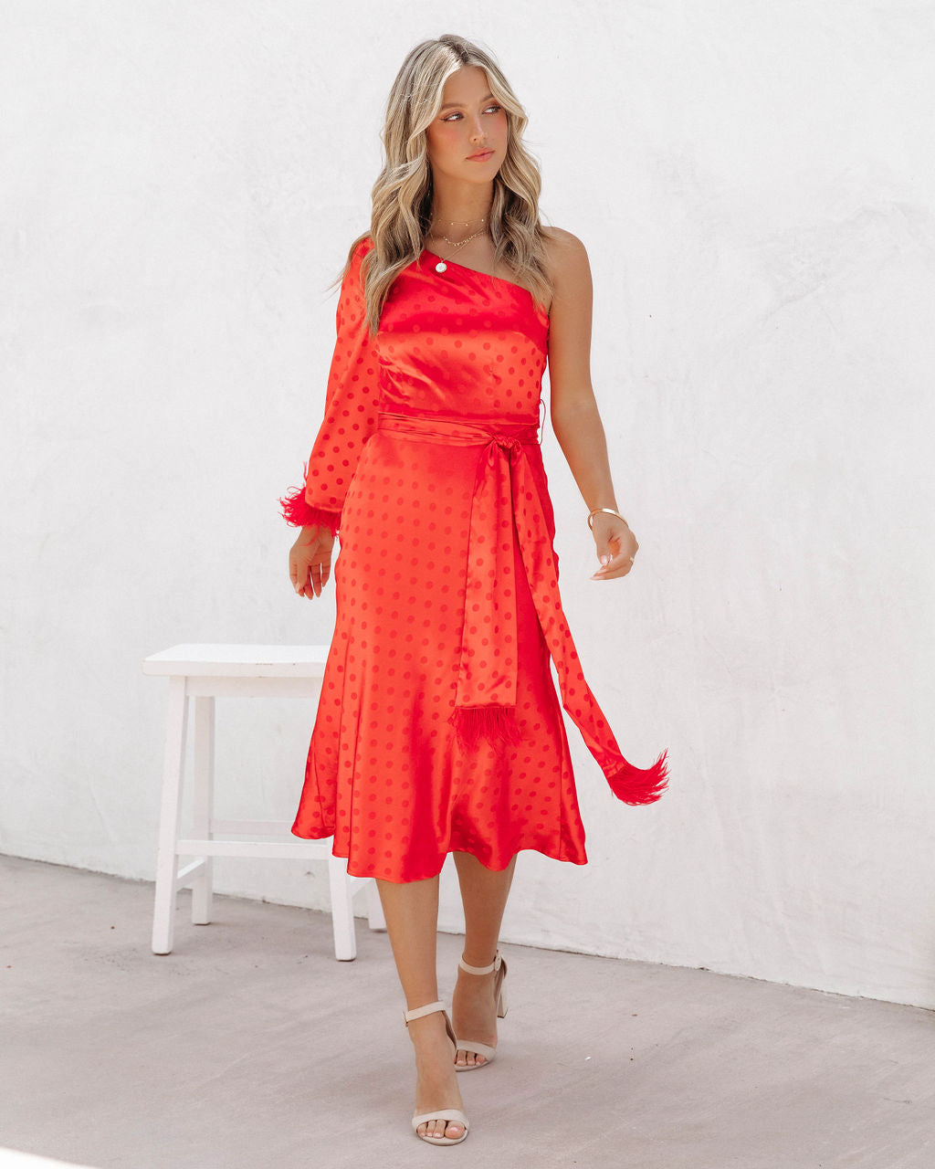 Margaux Satin Feather Trim Midi Dress - Red - FINAL SALE