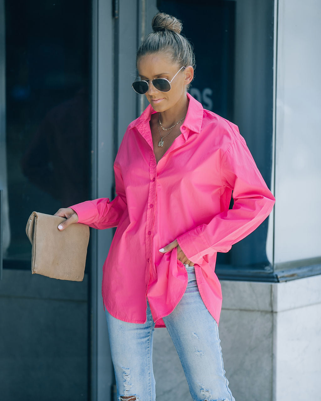 Leslie Button Up Cotton Top - Hot Pink - FINAL SALE