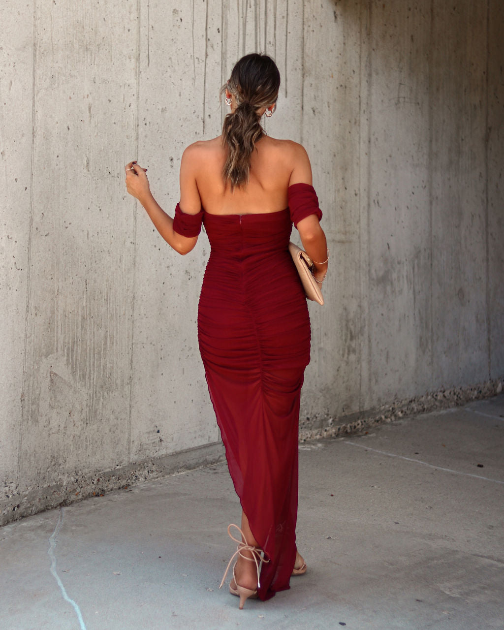 Pretty Women Off The Shoulder Sheer Maxi Dress - Wine
