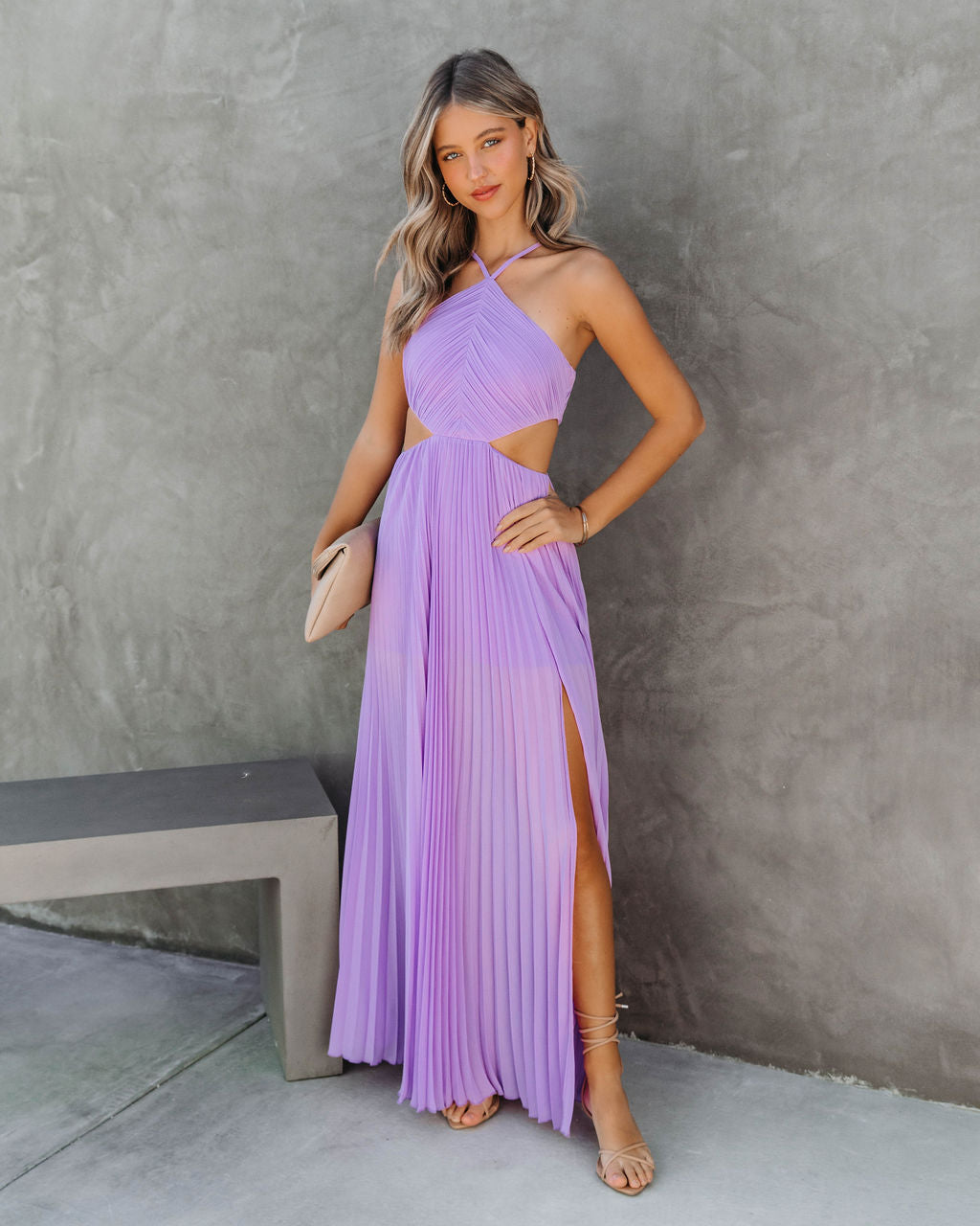 Jasmina Pleated Cutout Side Maxi Dress - Lilac