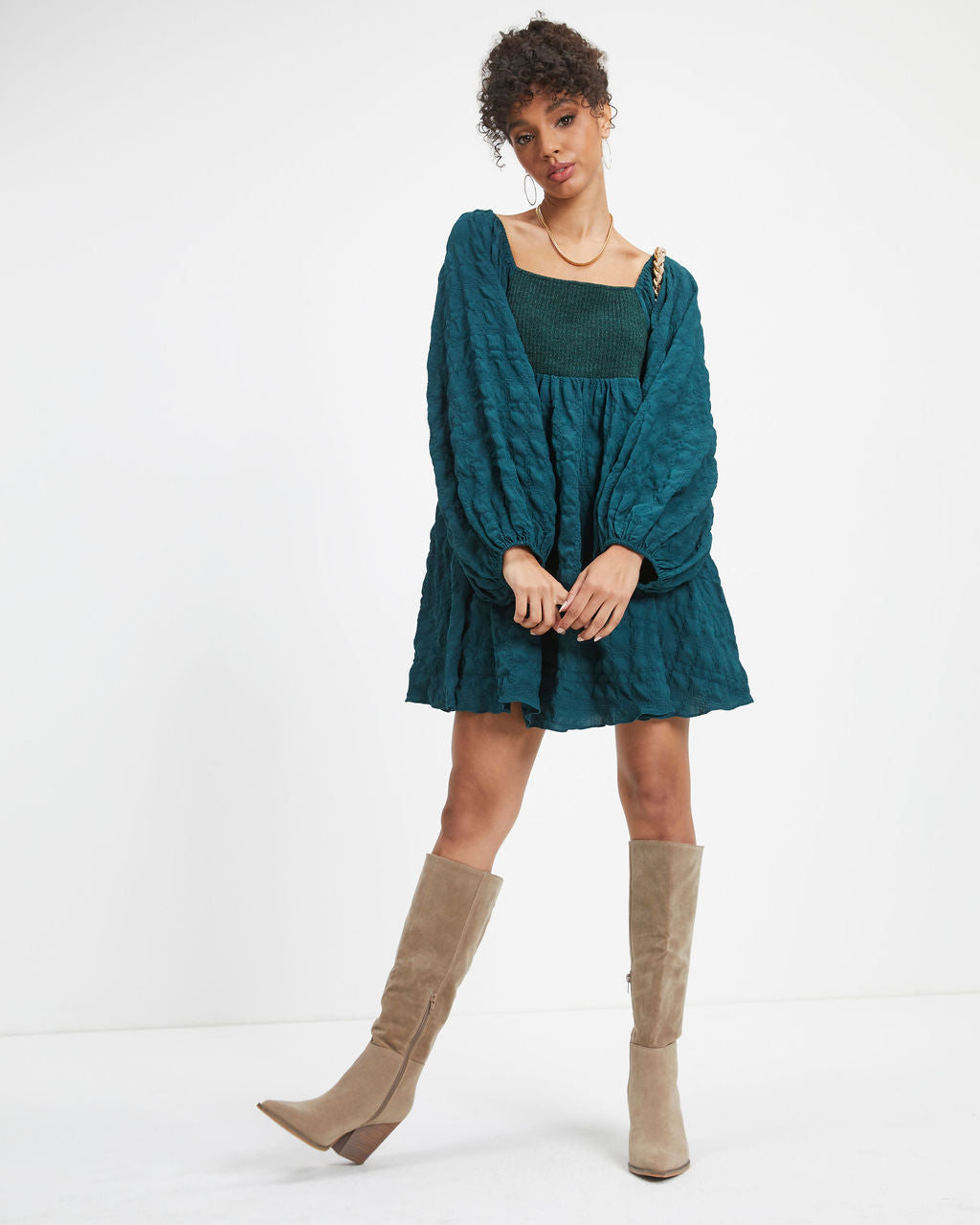 Lost In A Maze Textured Knit Babydoll Dress - Pine