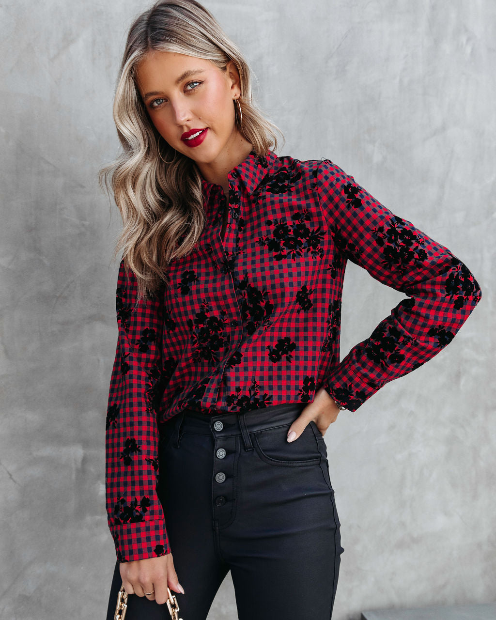 Courtney Checkered Floral Button Down Top - Red