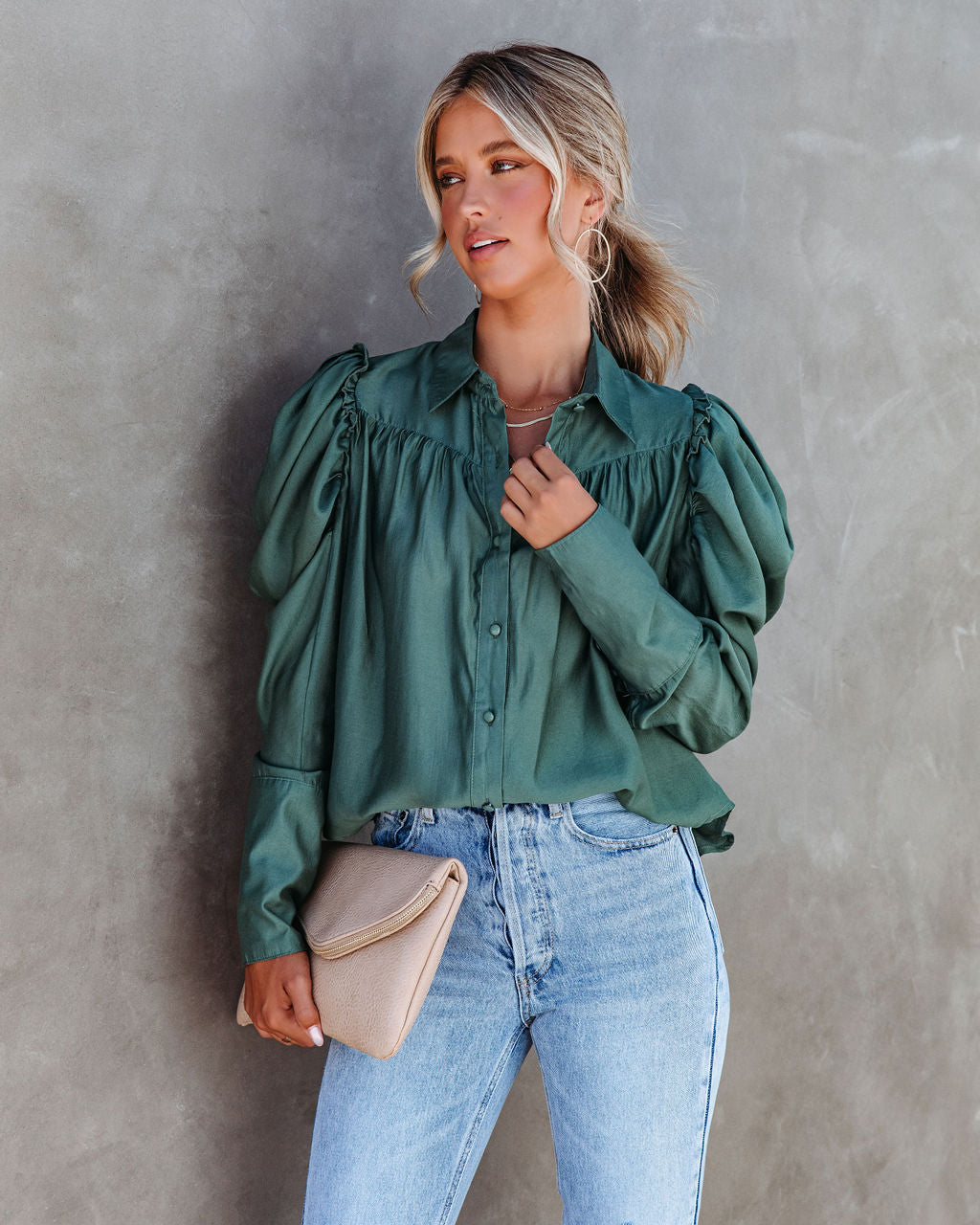 Southern Belle Puff Sleeve Button Down Top - Pine