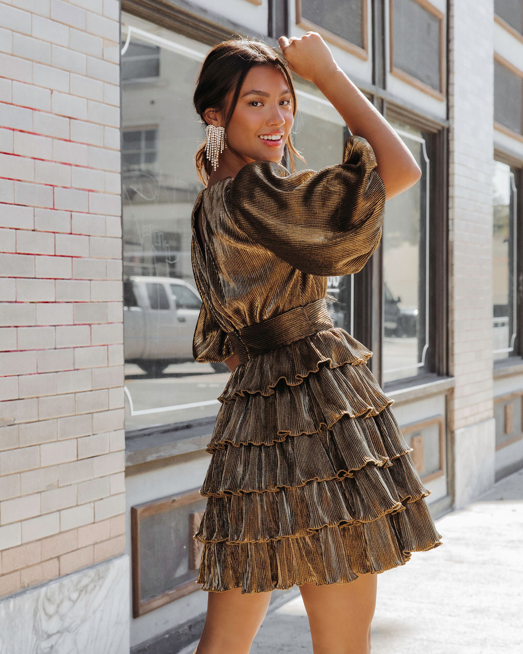 All Is Bright Metallic Tiered Mini Dress - Gold