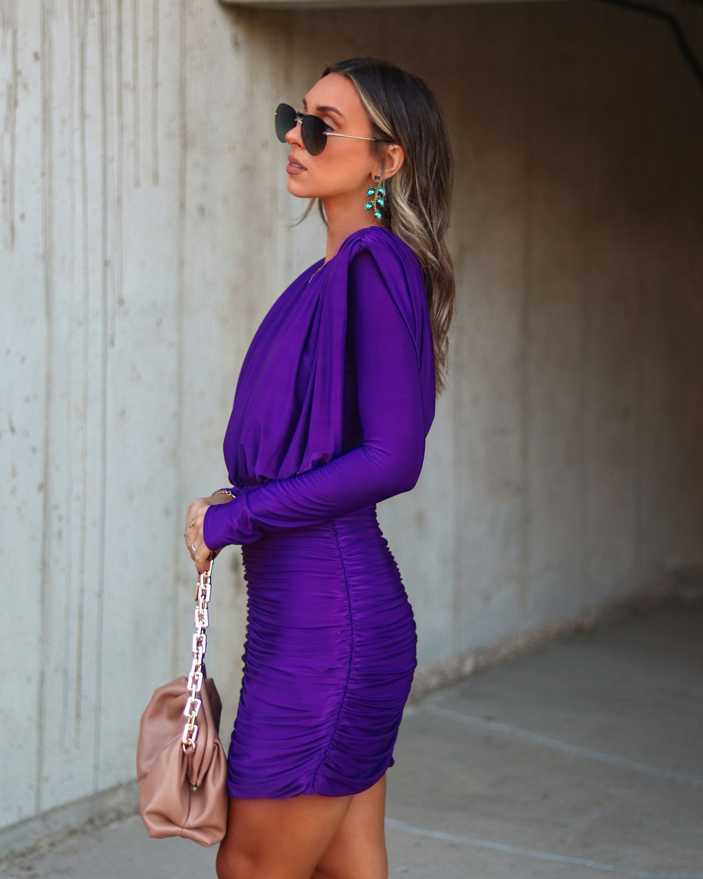 Chance To Dance Padded Shoulder Ruched Mini Dress - Plum