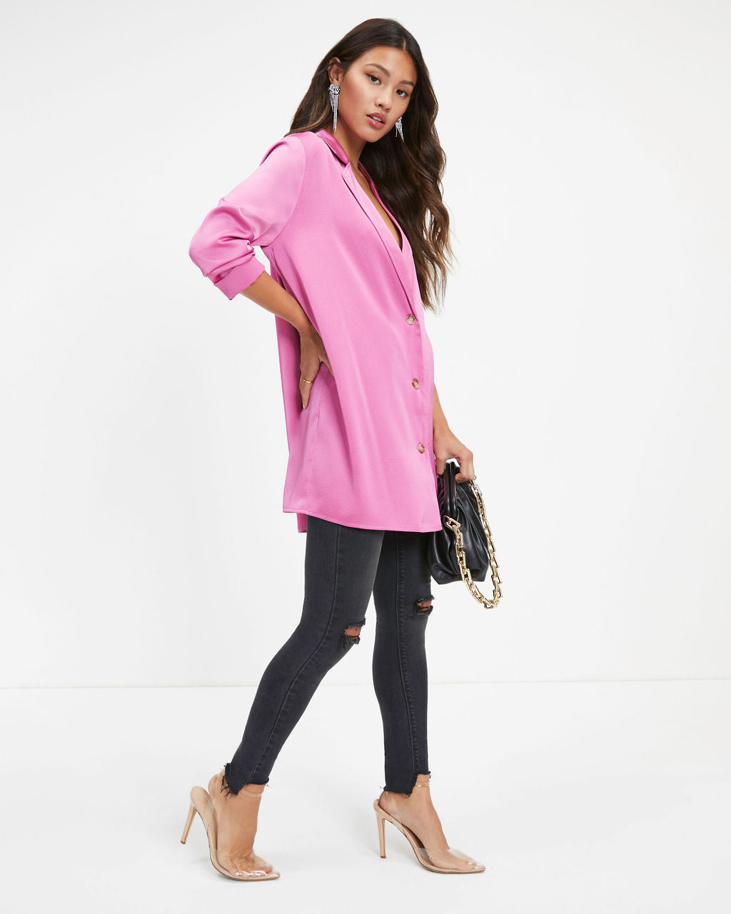 Polished Gal Satin Button Up Top - Rose