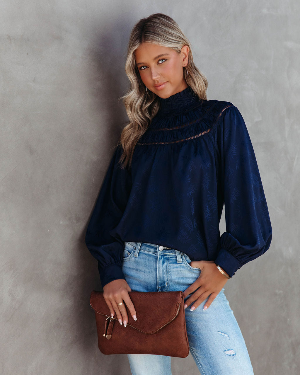 Rococo Mock Neck Top - Navy - SALE