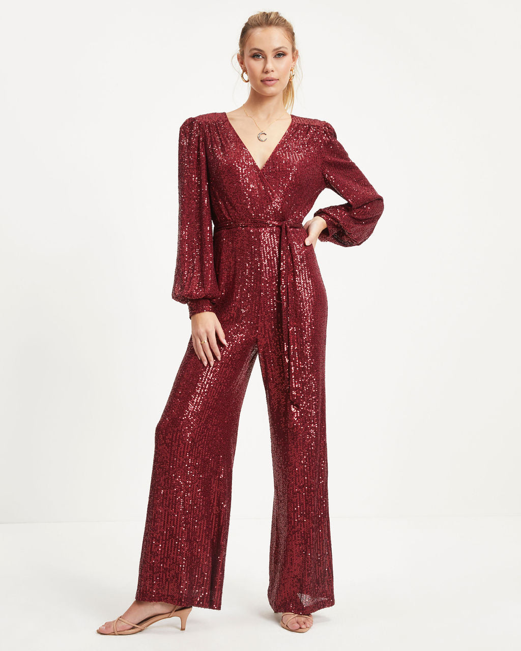 Whole New World Sequin Front Tie Jumpsuit - Burgundy