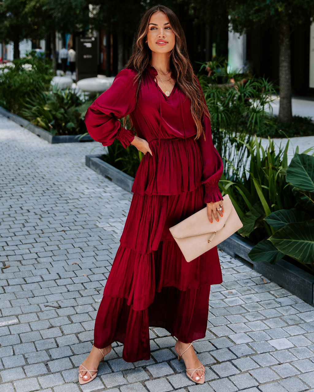 Villain Of My Heart Satin Tiered Maxi Dress - Wine