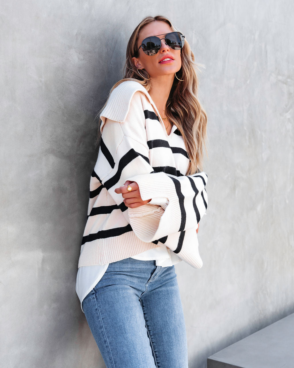 Maxwell Striped Knit Pullover Sweater - Beige