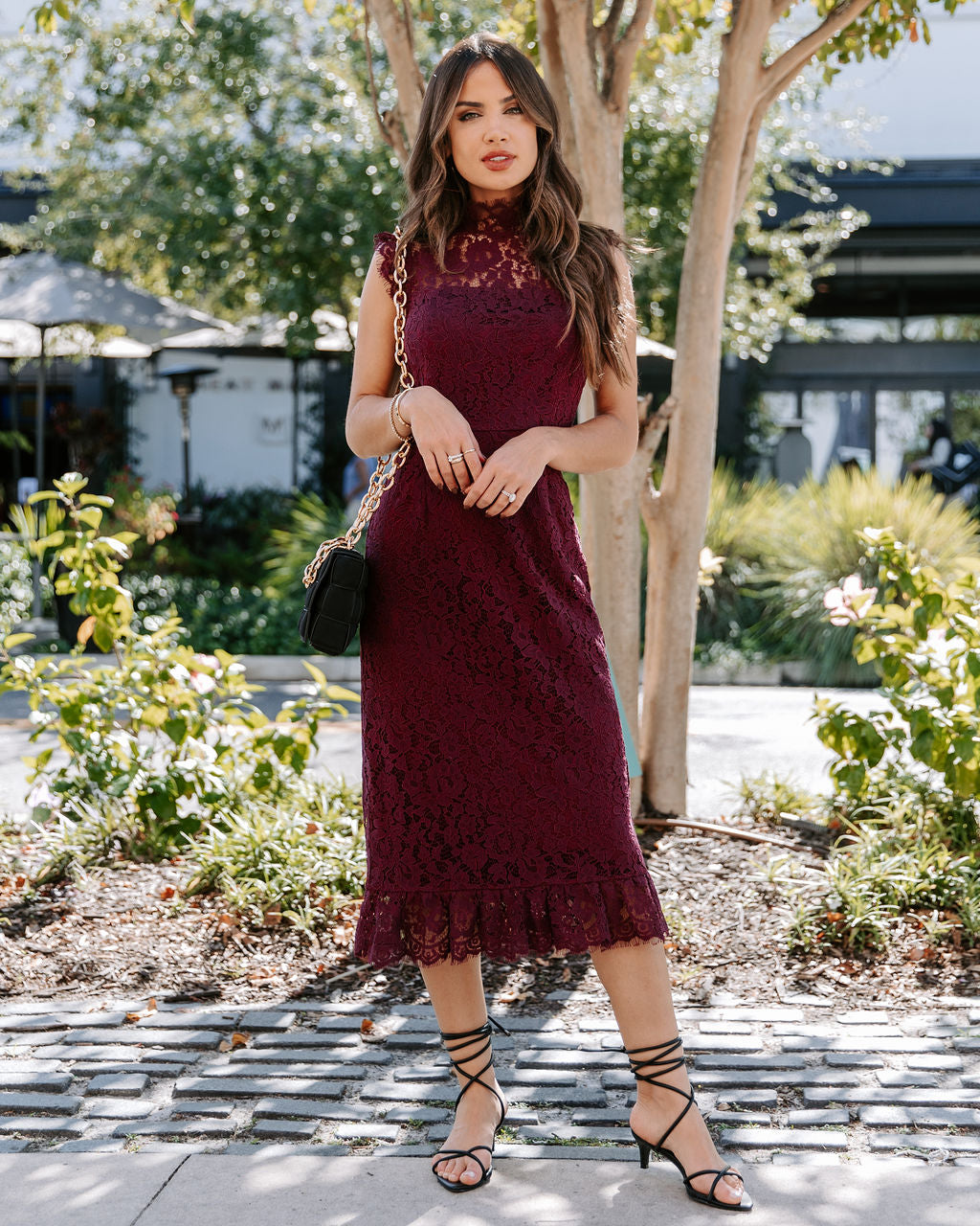 Frances Lace Ruffle Midi Dress - Wine