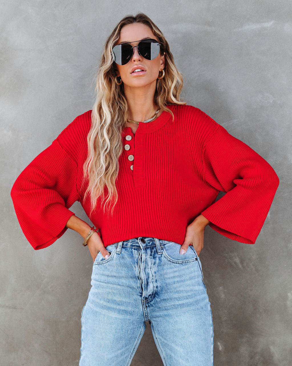 Shawn Ribbed Henley Top - Red - SALE