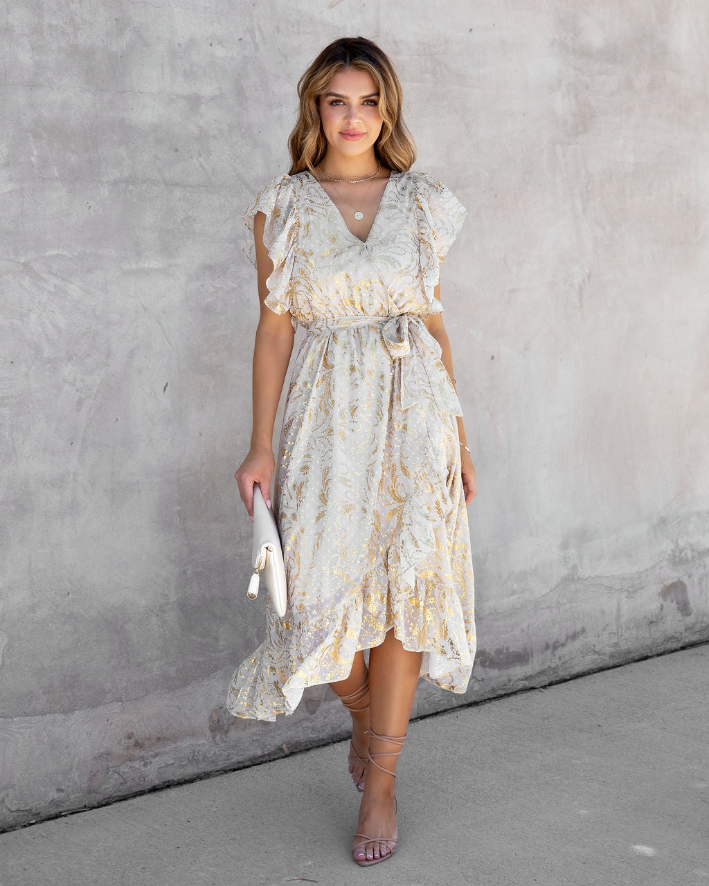 Golden Summer Metallic Ruffle Midi Dress - FINAL SALE