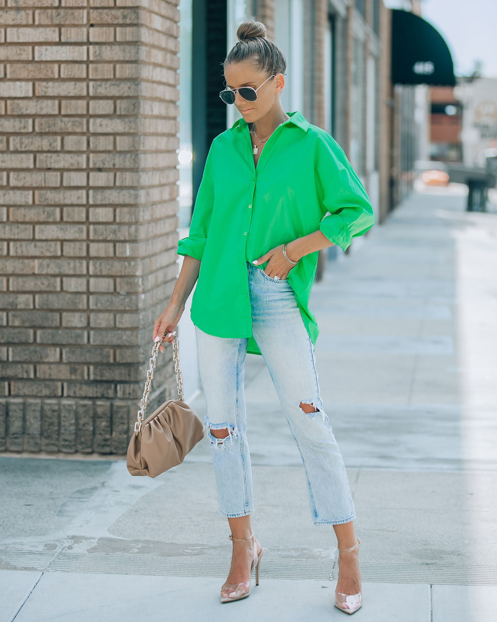 La Brisa Button Up Cotton Top - Kelly Green - SALE