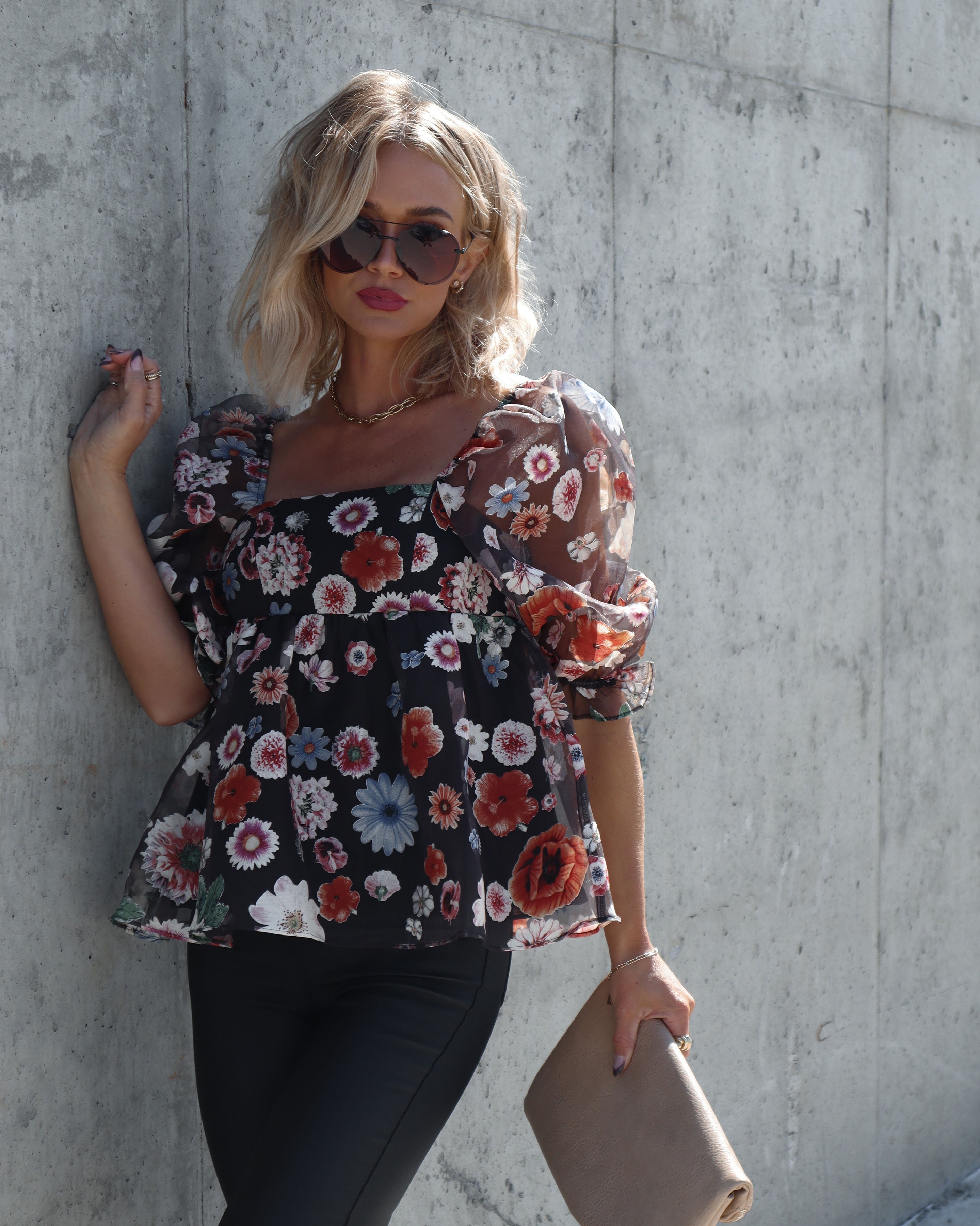 Blooming Autumn Organza Puff Sleeve Babydoll Top - Black