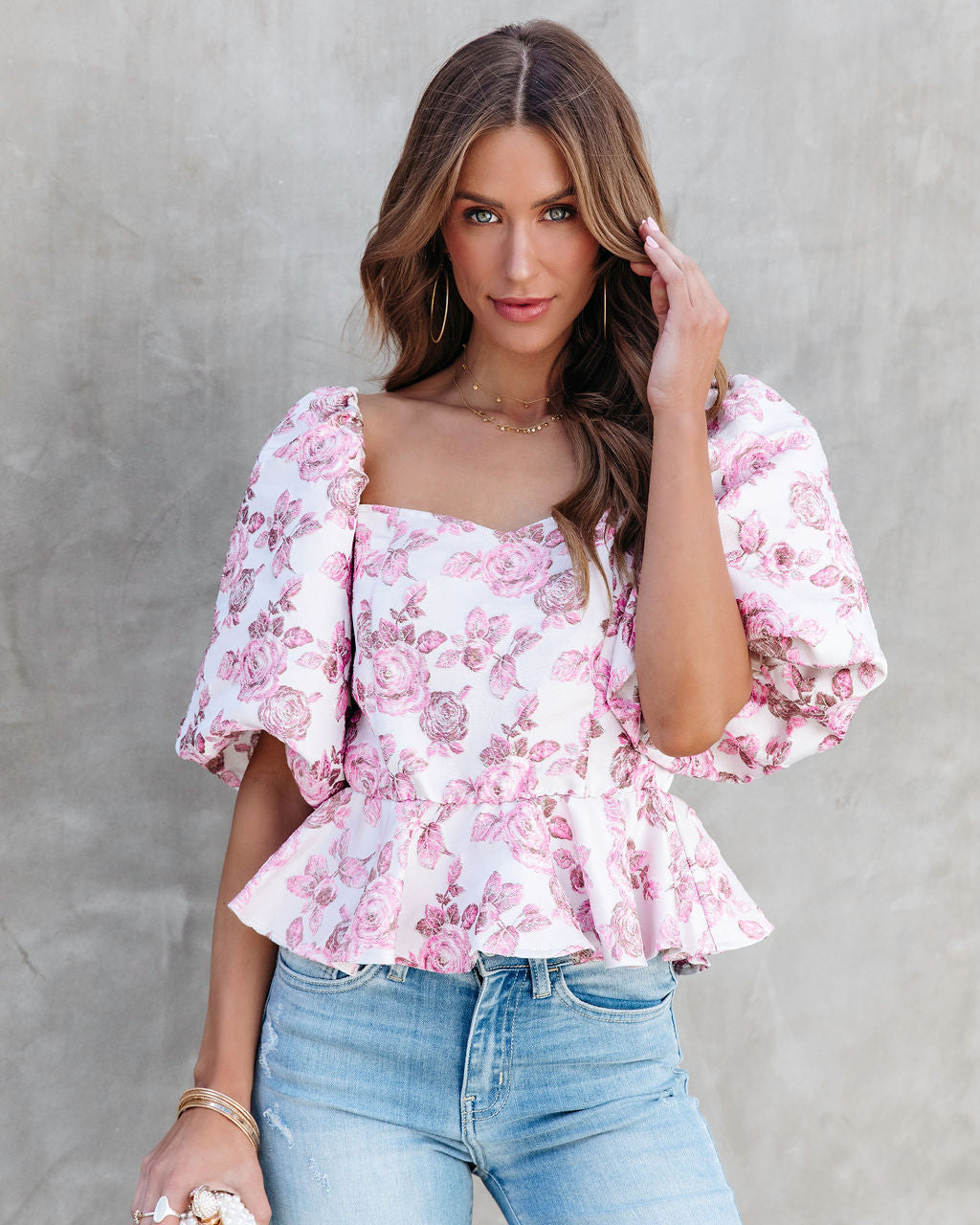Katrina Floral Puff Sleeve Peplum Top
