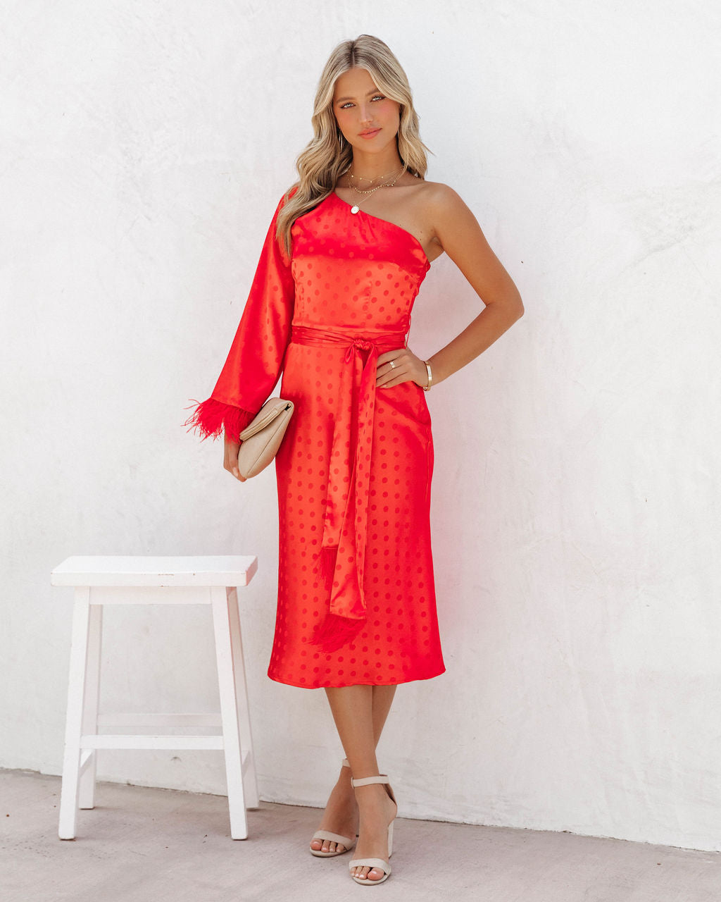 Margaux Satin Feather Trim Midi Dress - Red - FINAL SALE