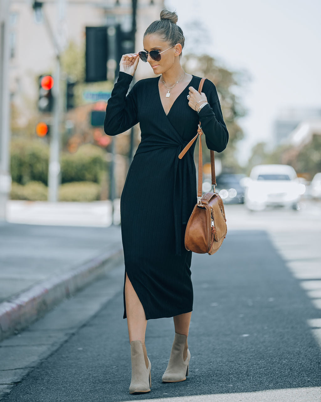 Dante Ribbed Knit Front Tie Midi Dress - Black