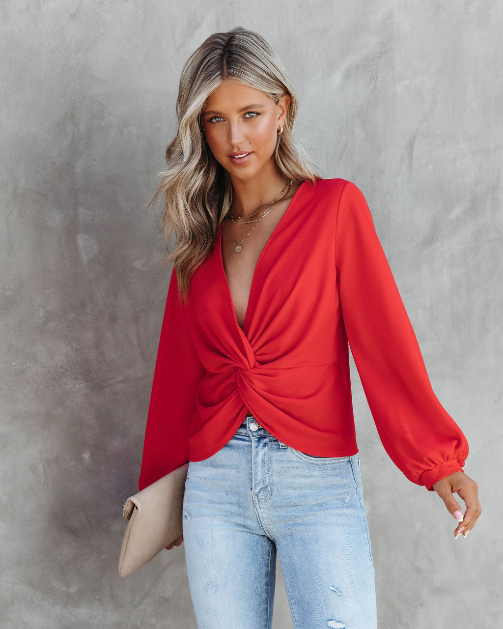 City Dreams Twisted Drape Top - Tomato Red