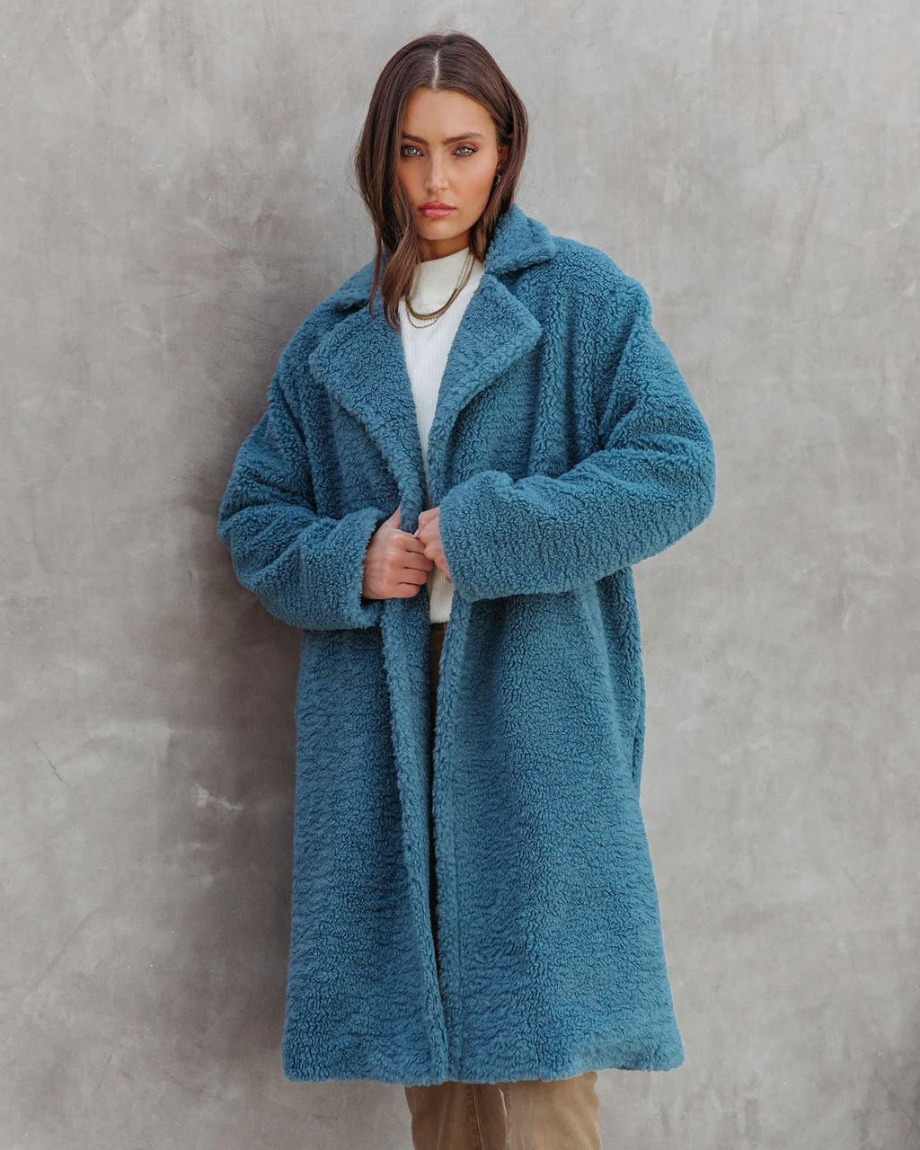 Of The Essence Pocketed Teddy Coat - Dusty Teal