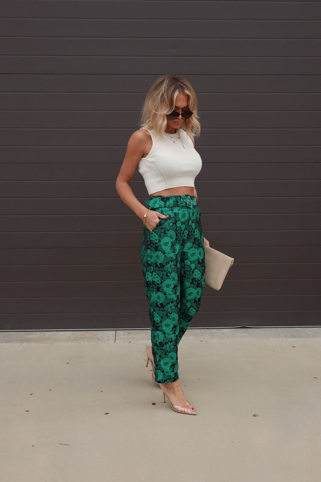 Karol Floral Pocketed Belted Pants - Green