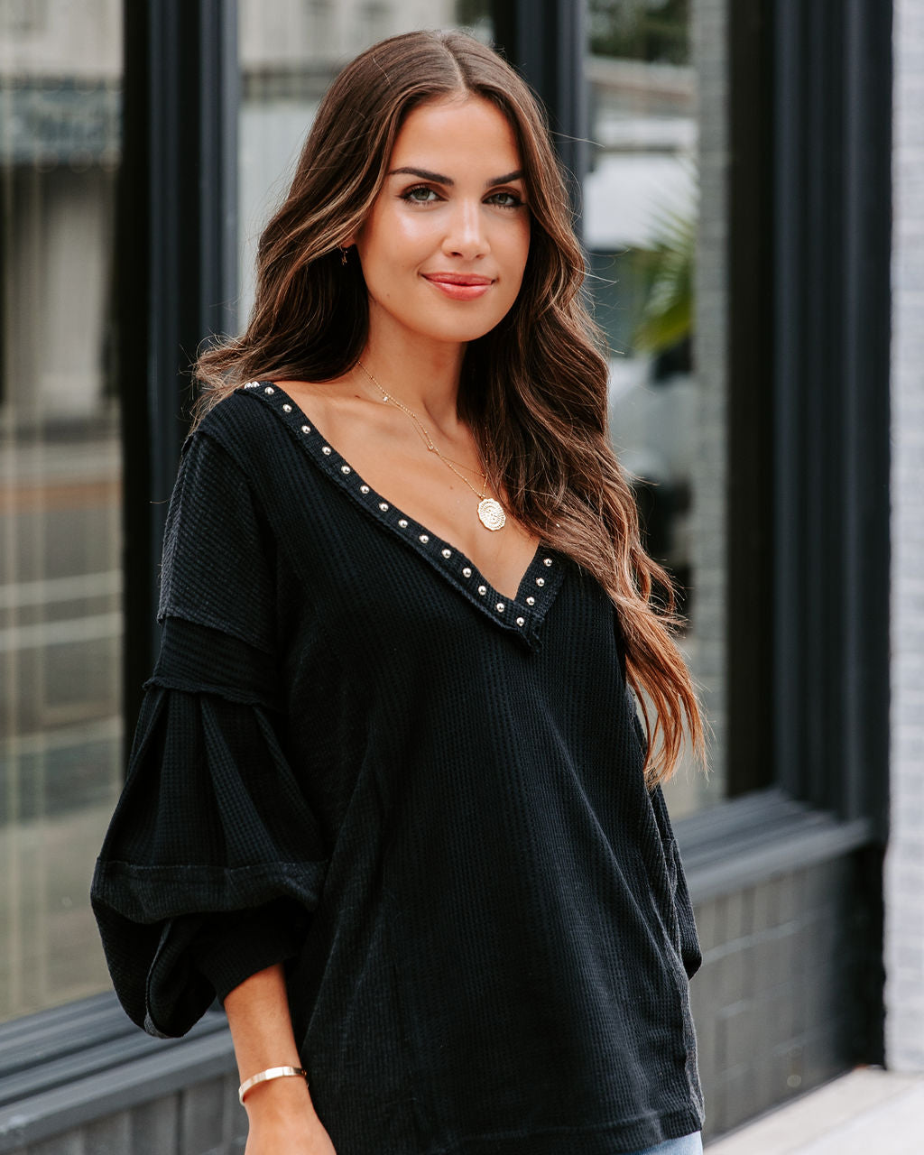 Axel Studded Waffle Knit Long Sleeve Top - Black